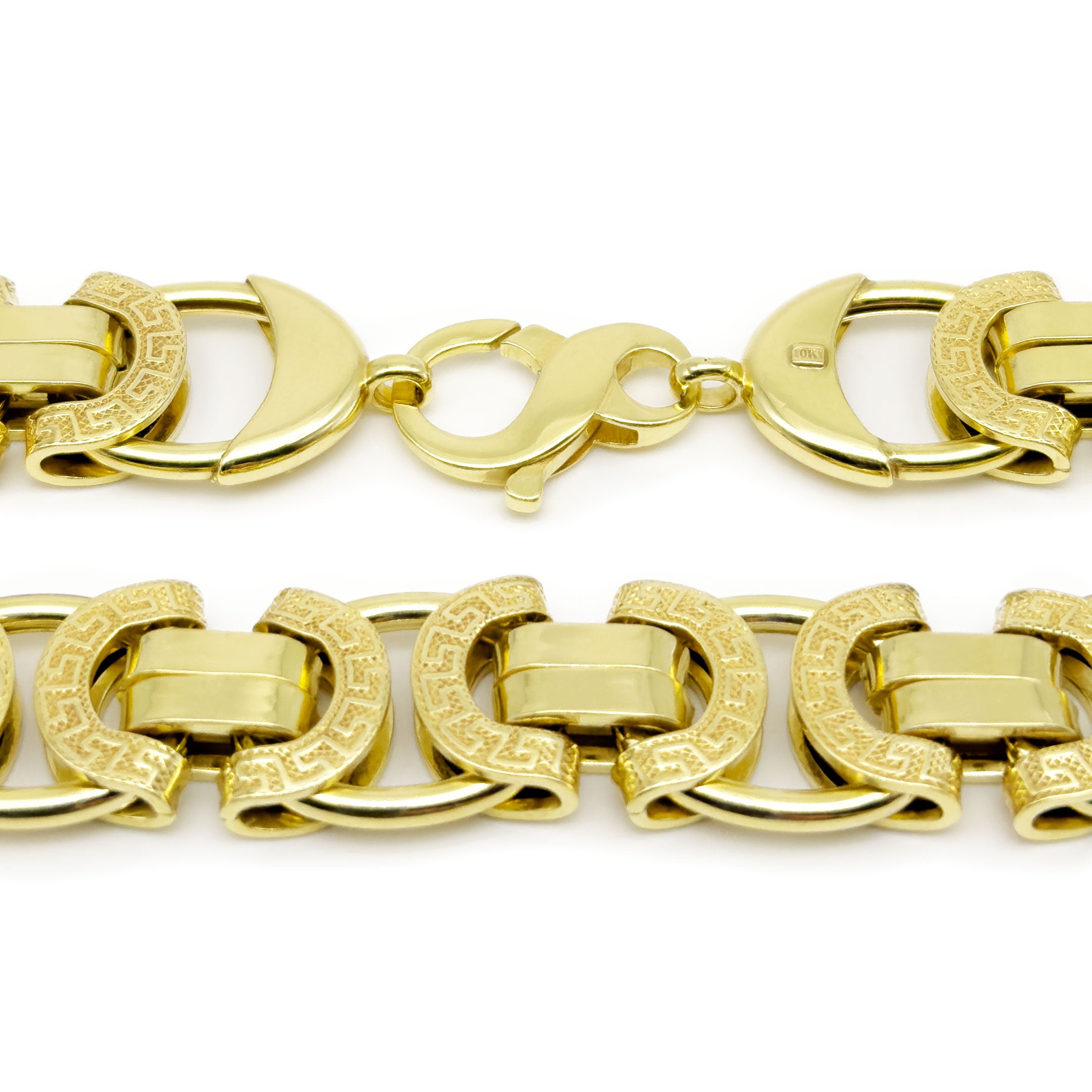 Close up of lock for 10k Yellow Gold Fancy Byzantine Flat Chain with Geometric Design 15mm - Hollow on white background