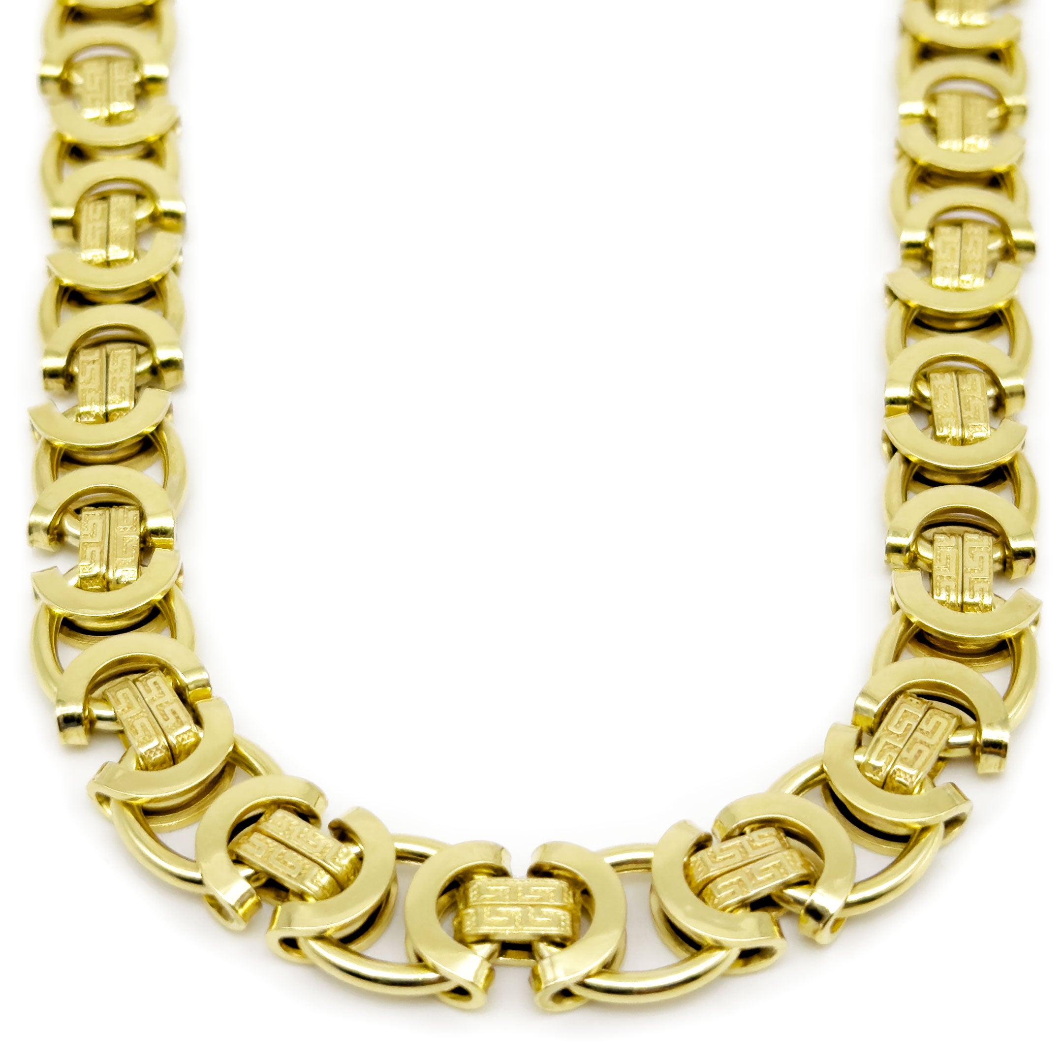 10k Yellow Gold Fancy Byzantine Flat Chain with Geometric Design 10mm - Hollow on a white background