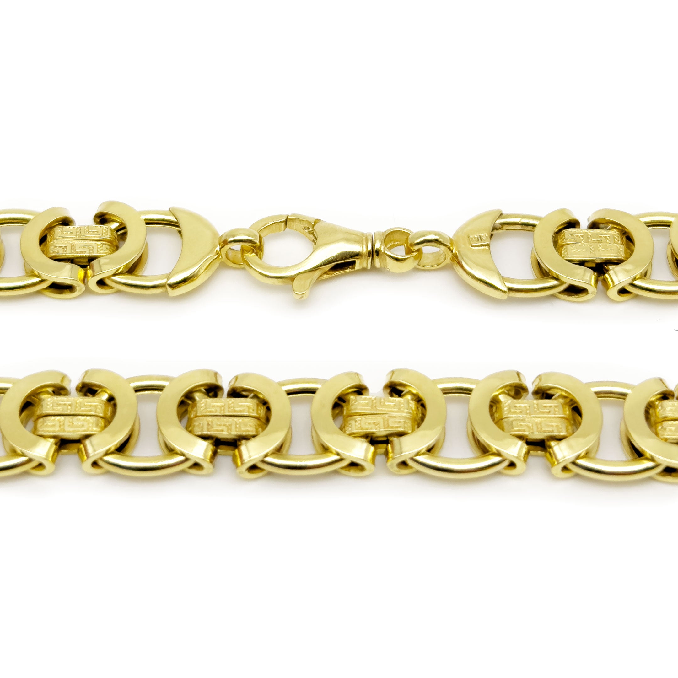 Close up of lock for 10k Yellow Gold Fancy Byzantine Flat Chain with Geometric Design 10mm - Hollow on a white background