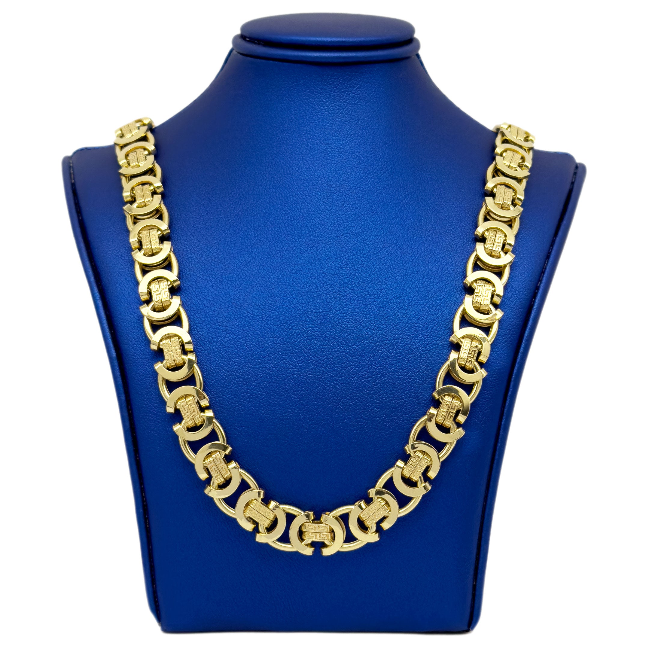 10k Yellow Gold Fancy Byzantine Flat Chain with Geometric Design 10mm - Hollow on blue neck display