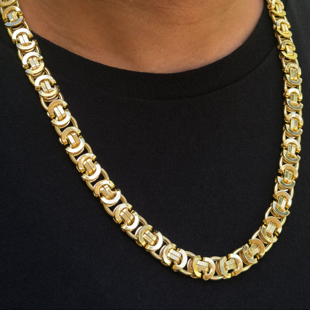 10k Yellow Gold Fancy Byzantine Flat Chain 11mm - Hollow on a person