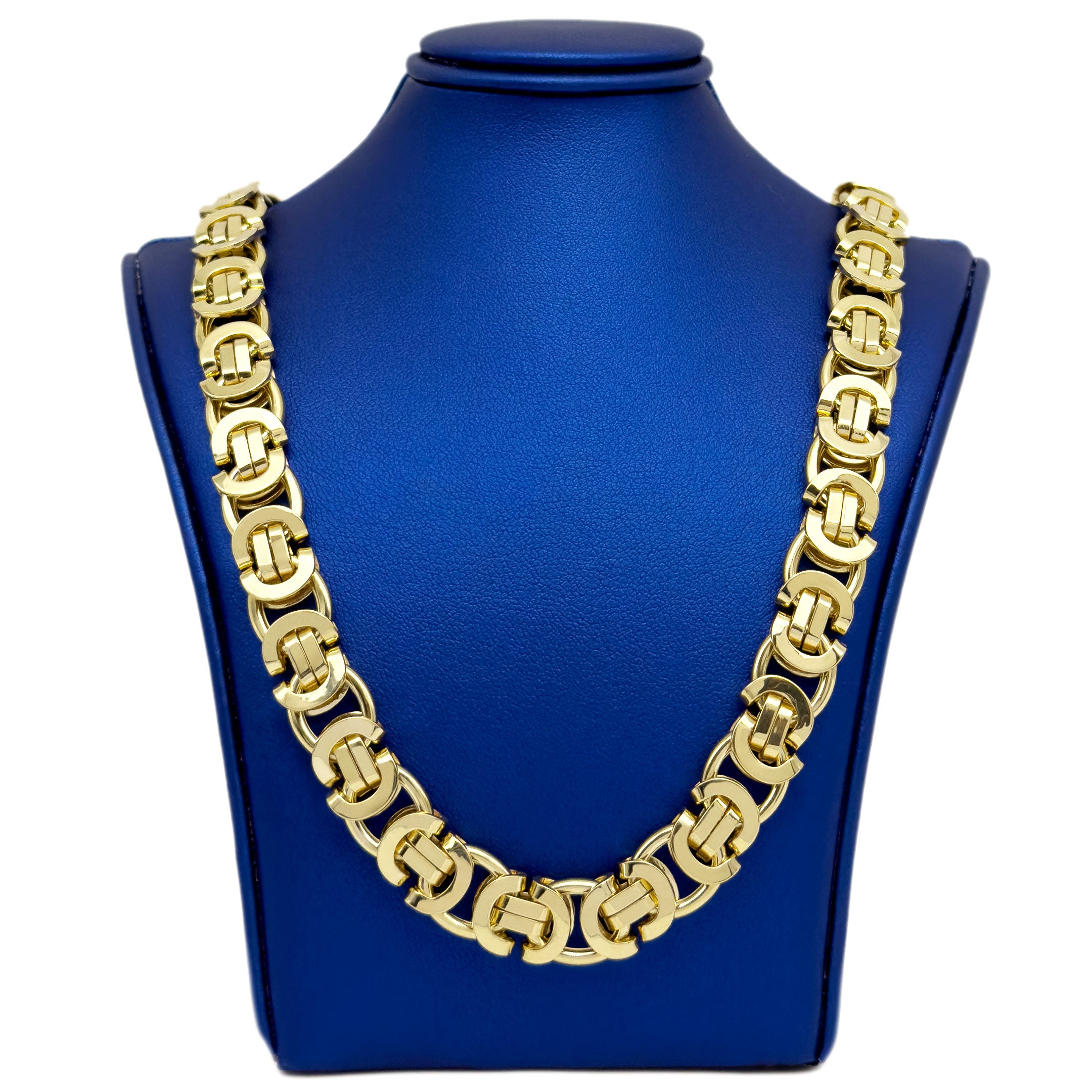 10k Yellow Gold Fancy Byzantine Flat Chain 11mm - Hollow on a blue neck display