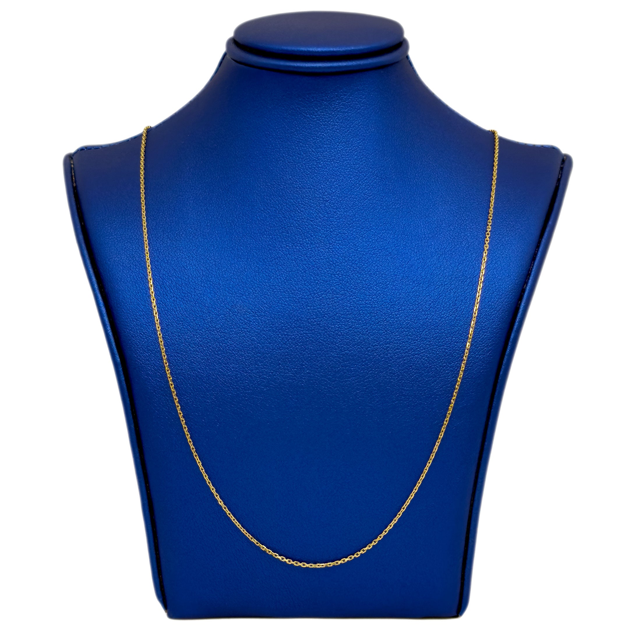 14k Yellow Gold Cable Fine Chain on blue neck display