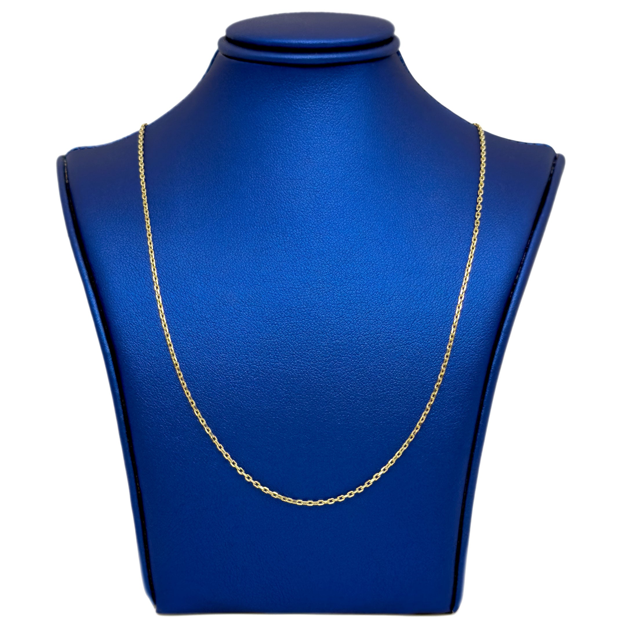 10k yellow gold Cable Fine Chain 1.25mm width on blue neck display