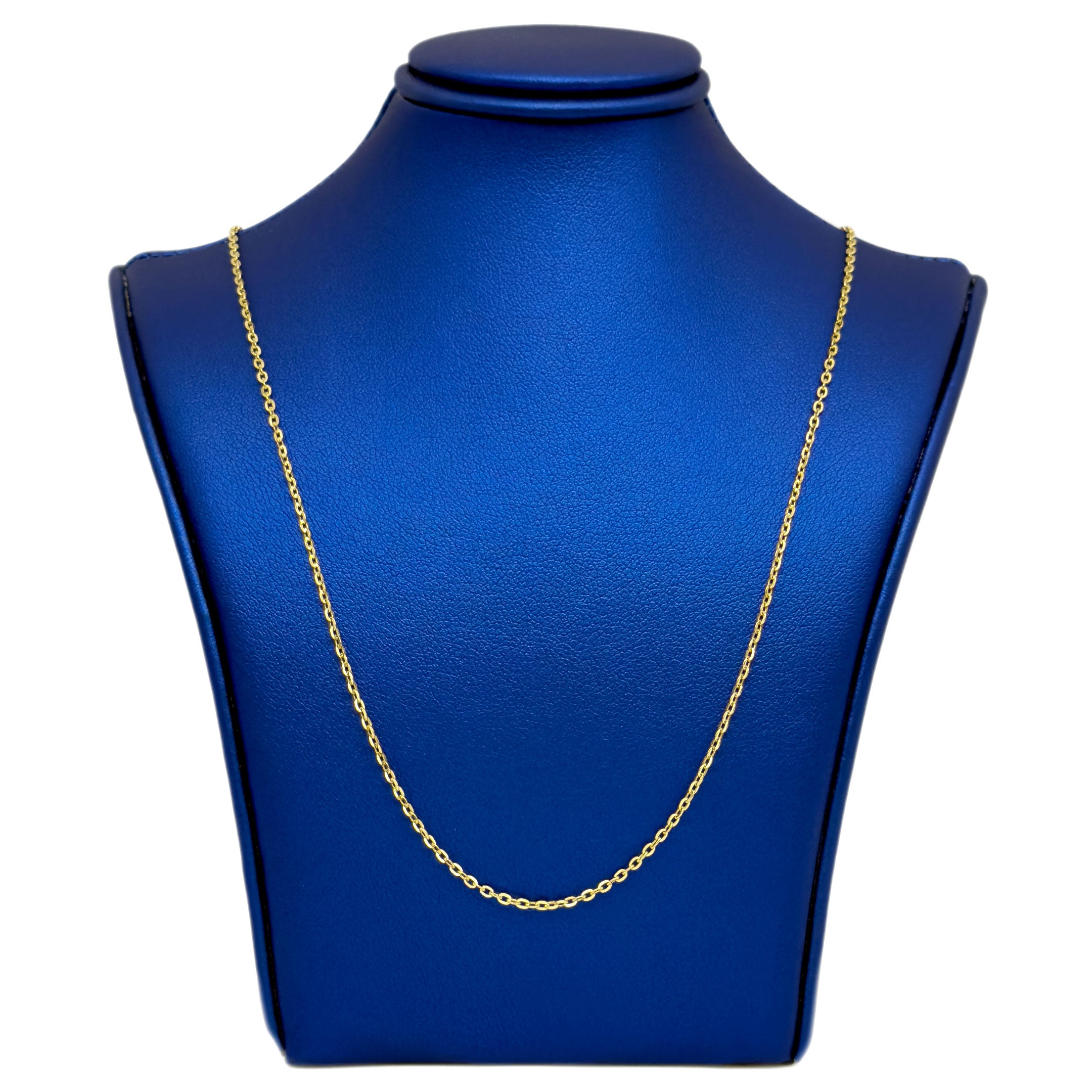 10k yellow gold Flat Cable Fine Chain 1.5mm on blue neck display
