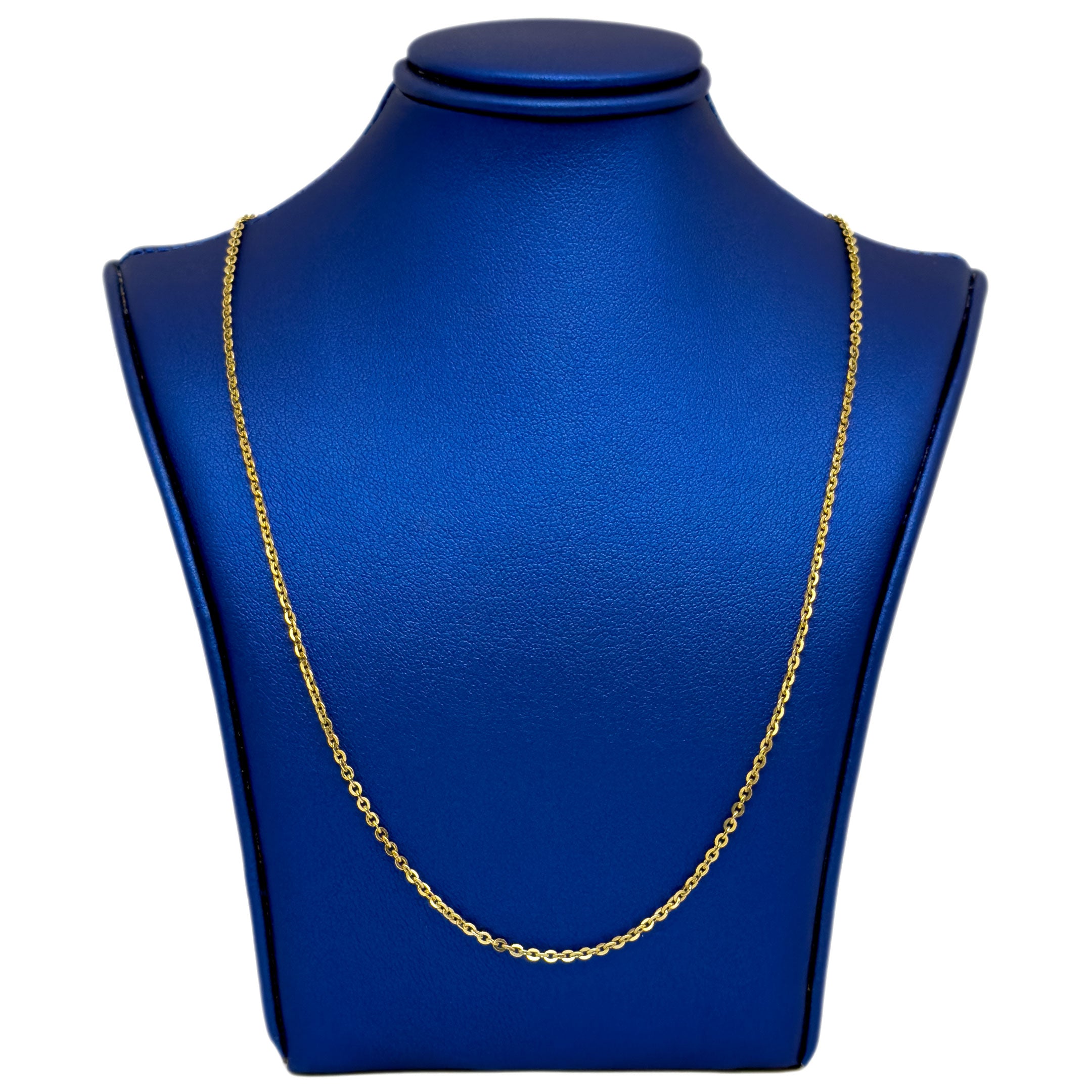 10k gold flat cable link chain necklace on blue neck display