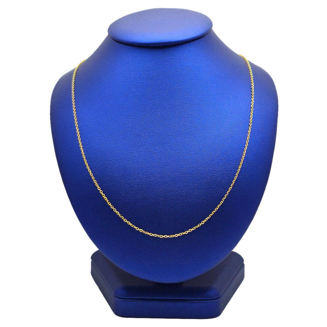 14k yellow gold cable fine chain on a blue neck display