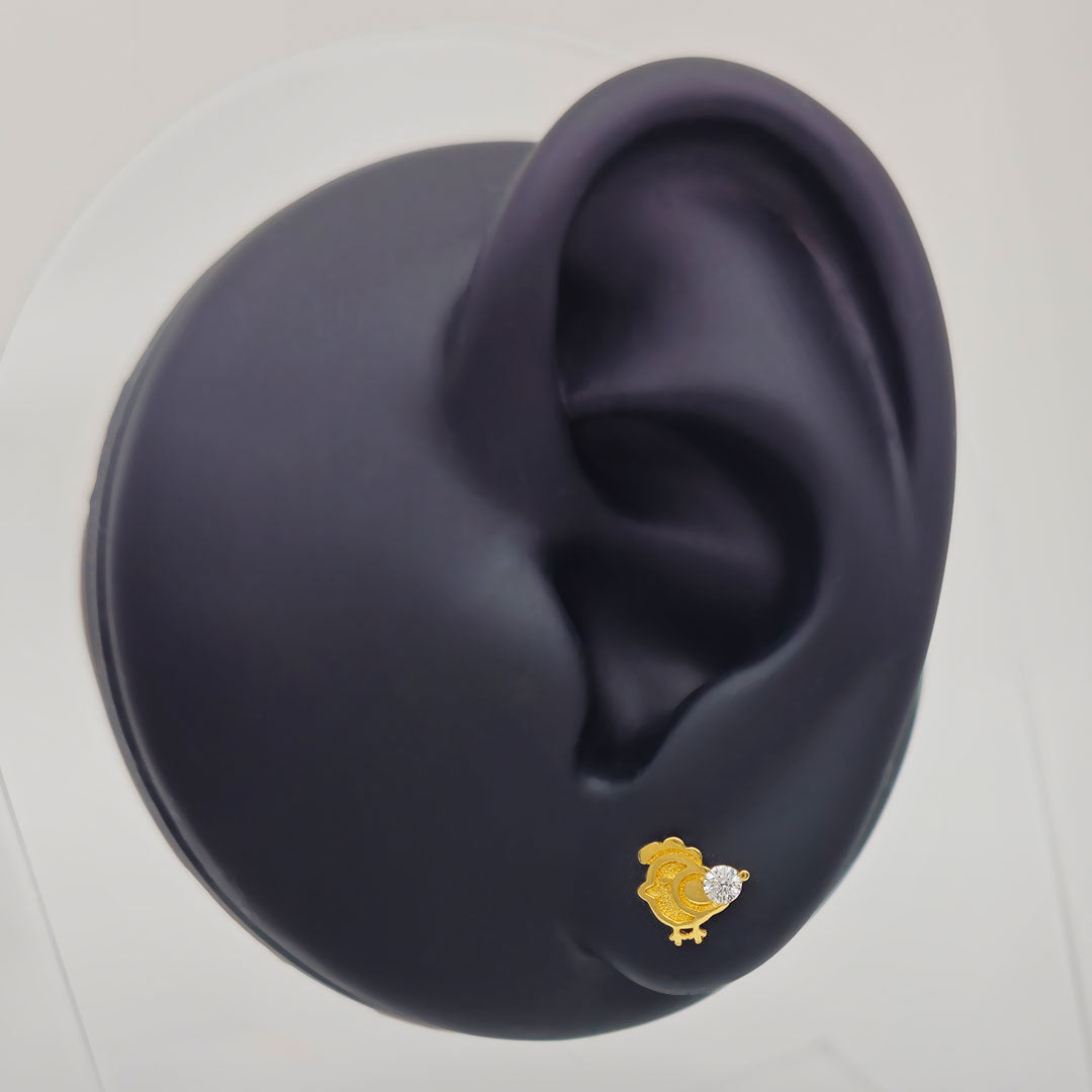 14k CZ Baby Chicken Stud Earrings on Ear Display