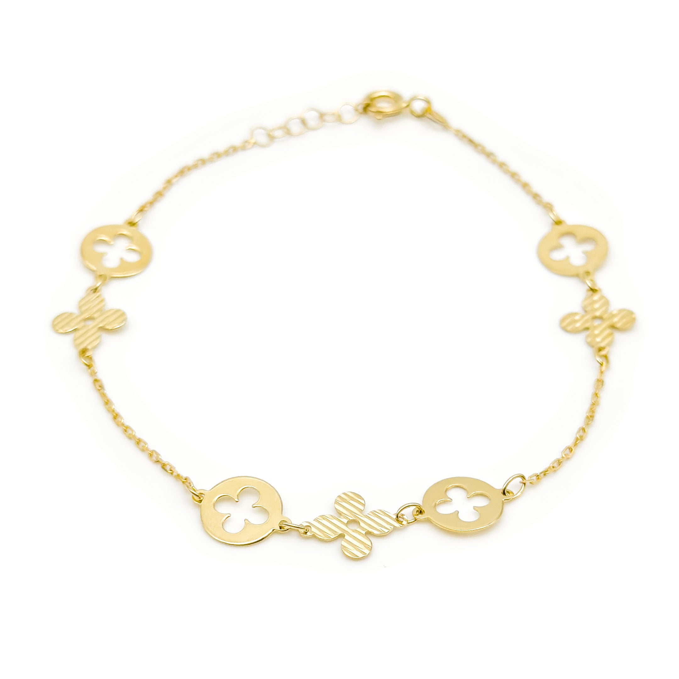 A delicate gold chain bracelet featuring four leaf clover charms with round cutout clover motifs, displayed on a clean white background.