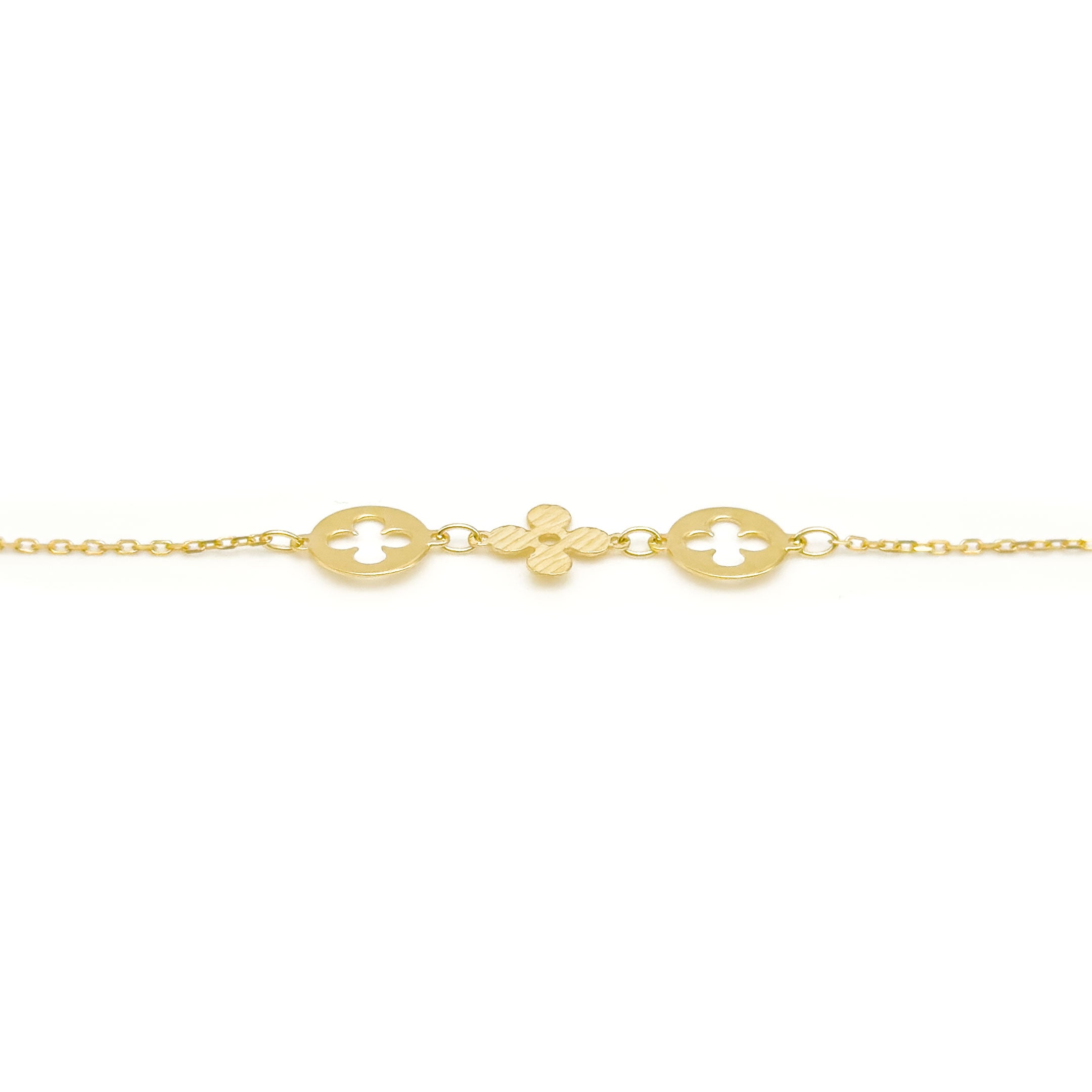 A delicate gold chain bracelet featuring four leaf clover charms with round cutout clover motifs, displayed on a clean white background. close up of charms