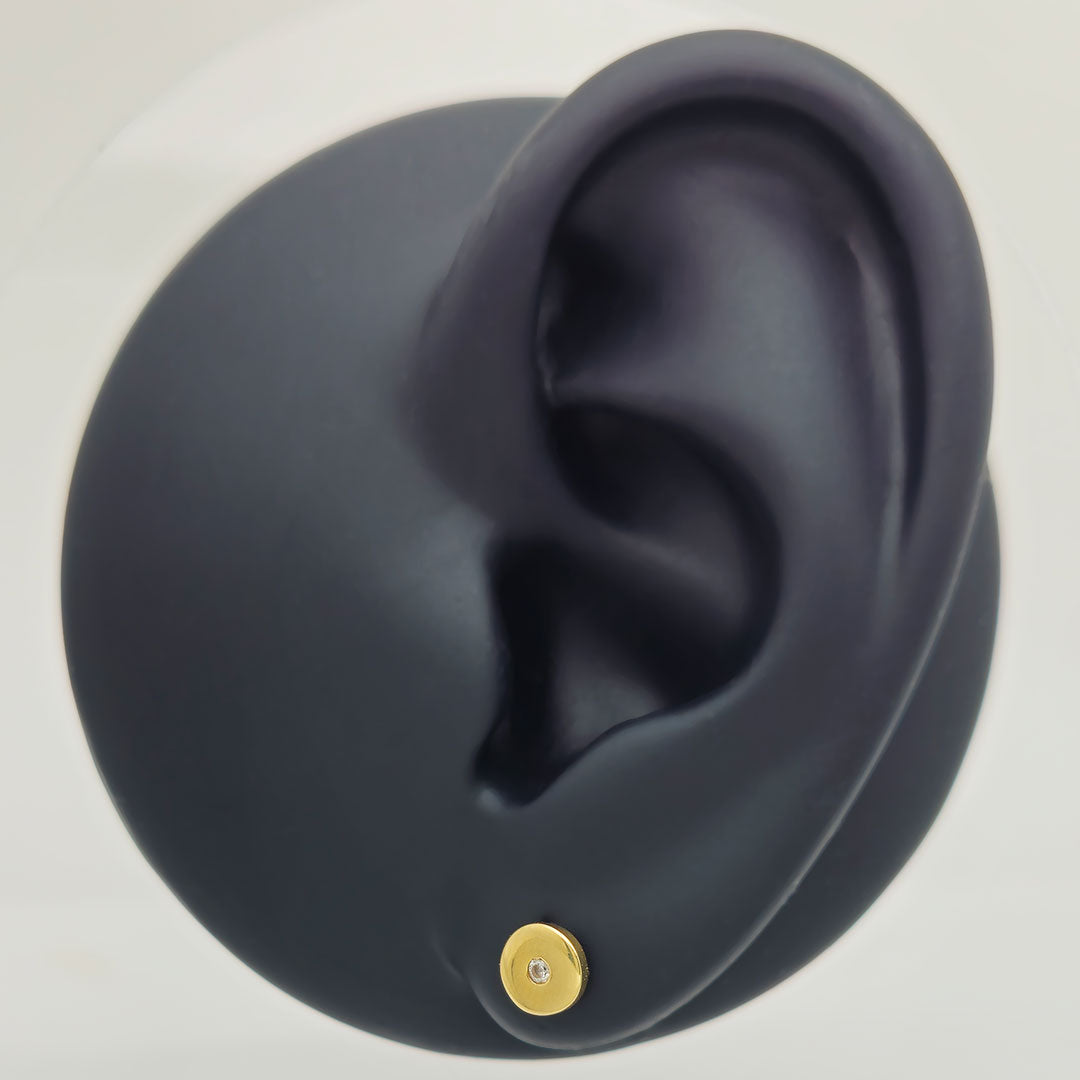 14k CZ Disc Stud Earrings on Ear Display