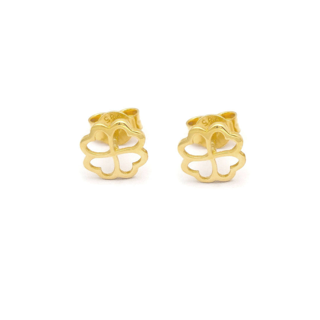 14k Four Leaf Clover & Heart Outline Stud Earrings