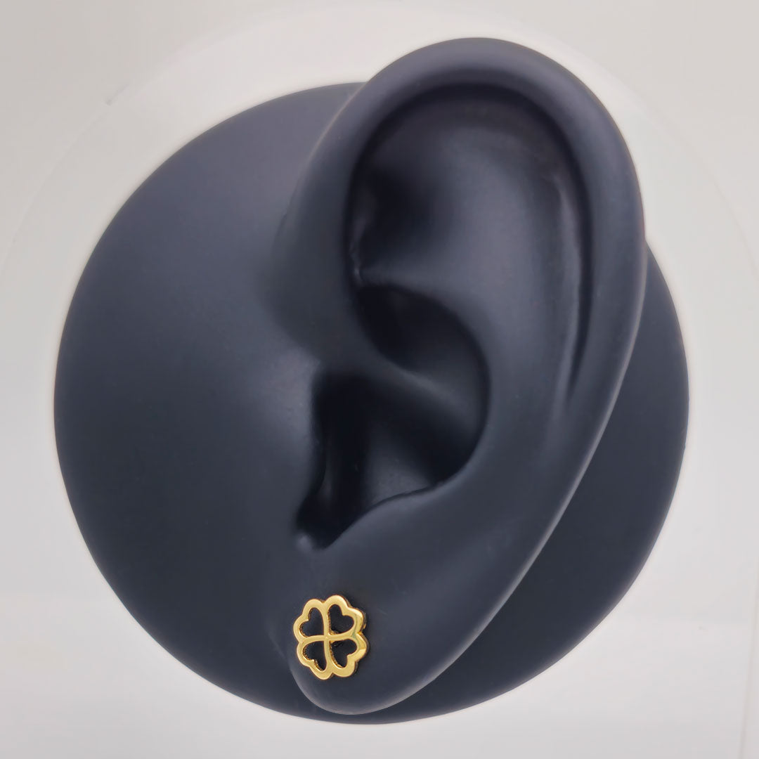 14k Four Leaf Clover & Heart Outline Stud Earrings on Ear Display