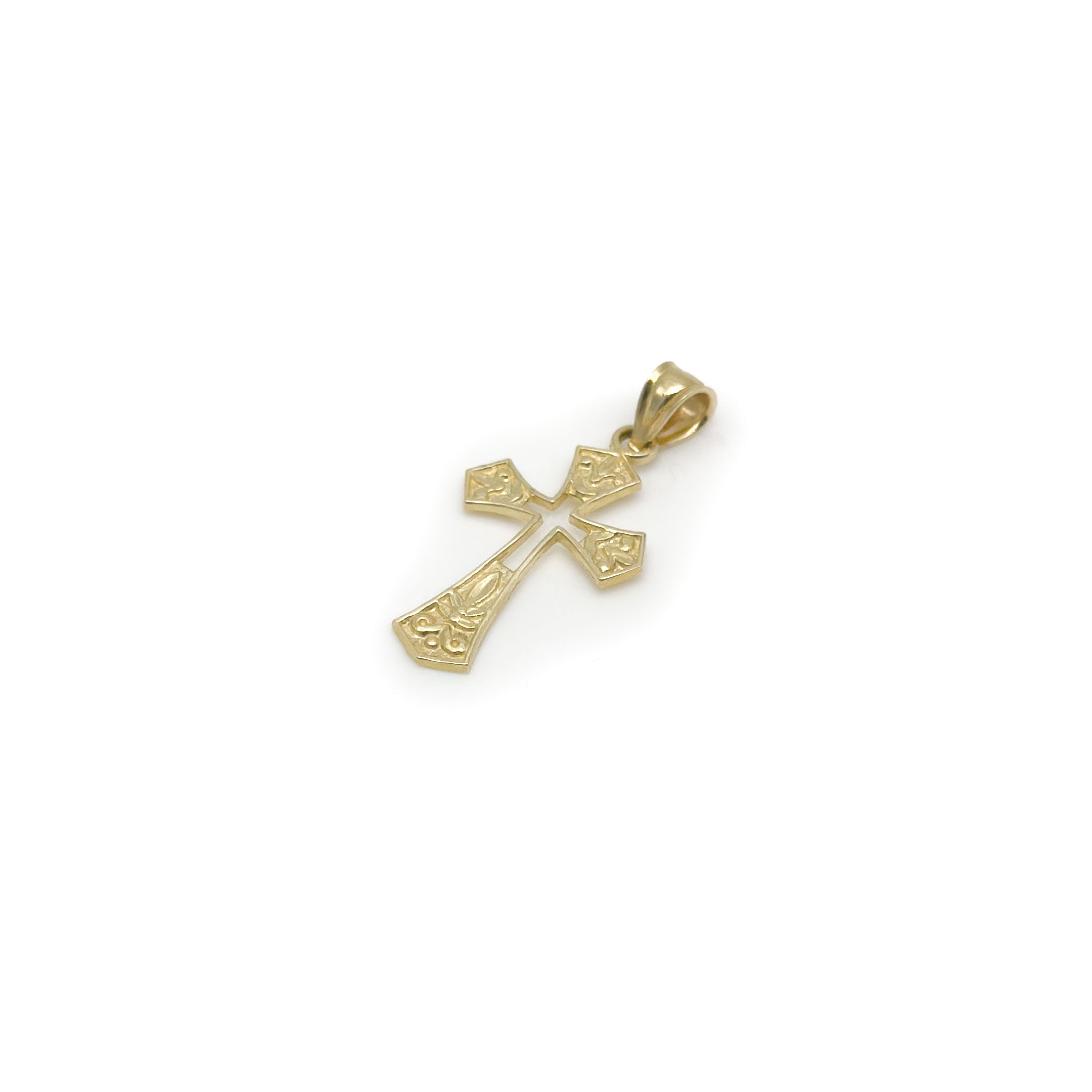 10k yellow gold Victorian shaped cross with filigree details and cut-out in center pendant on white background