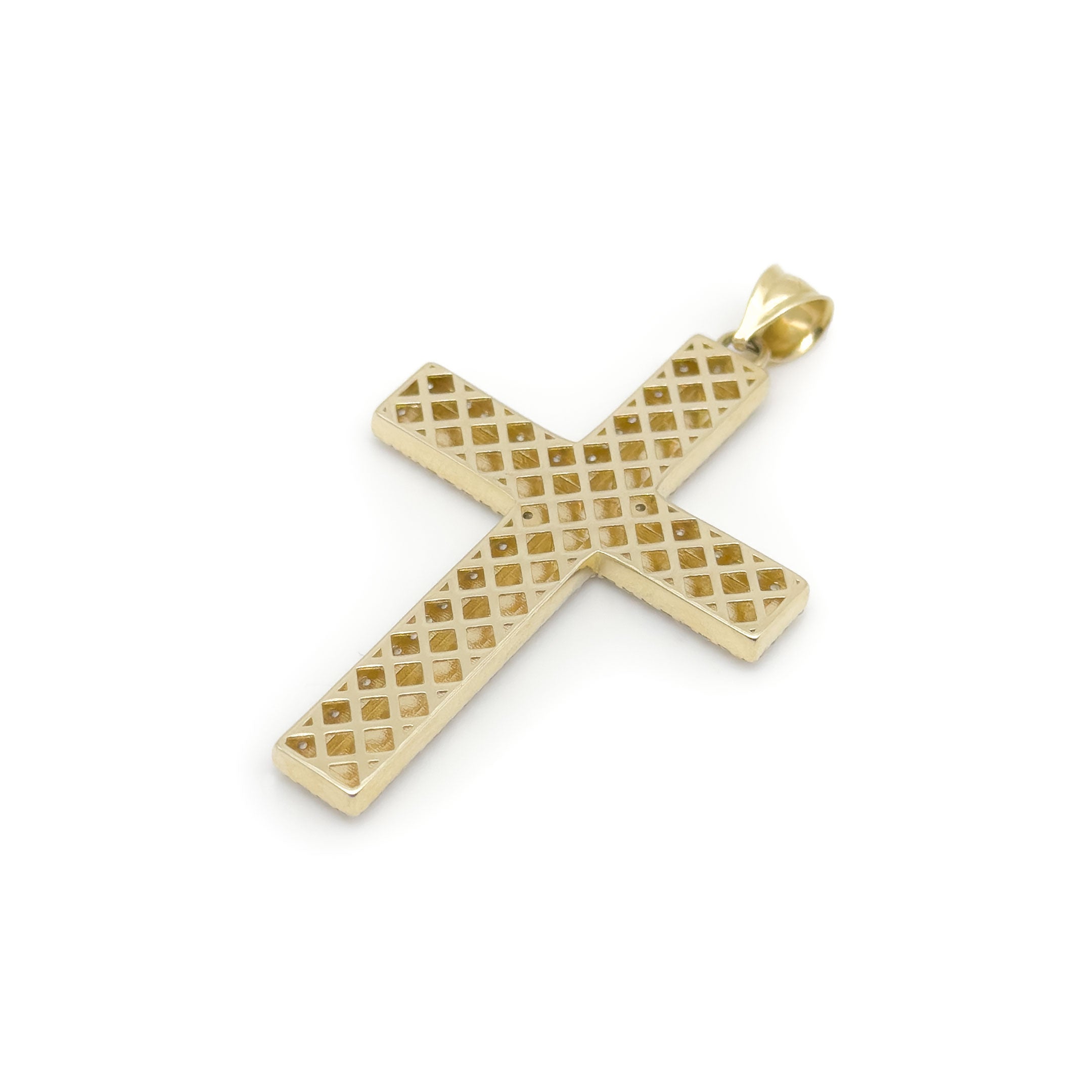 10k yellow gold diamond cut cross with cubic zirconia border pendant on a white background - back
