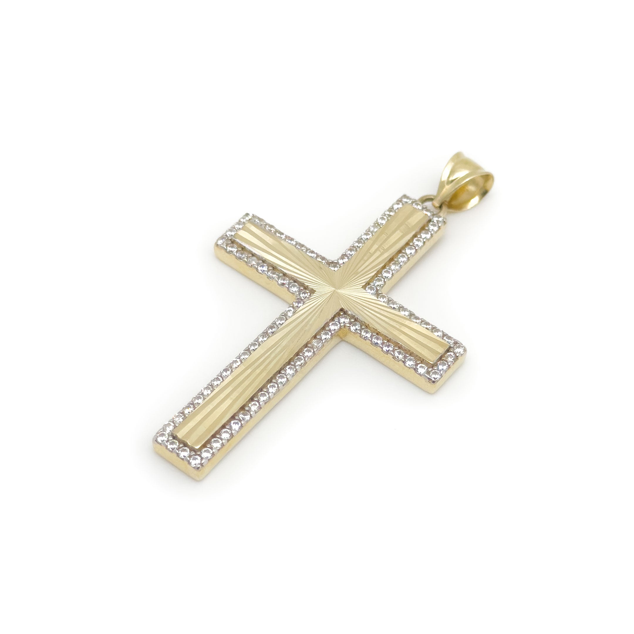 10k yellow gold diamond cut cross with cubic zirconia border pendant on a white background