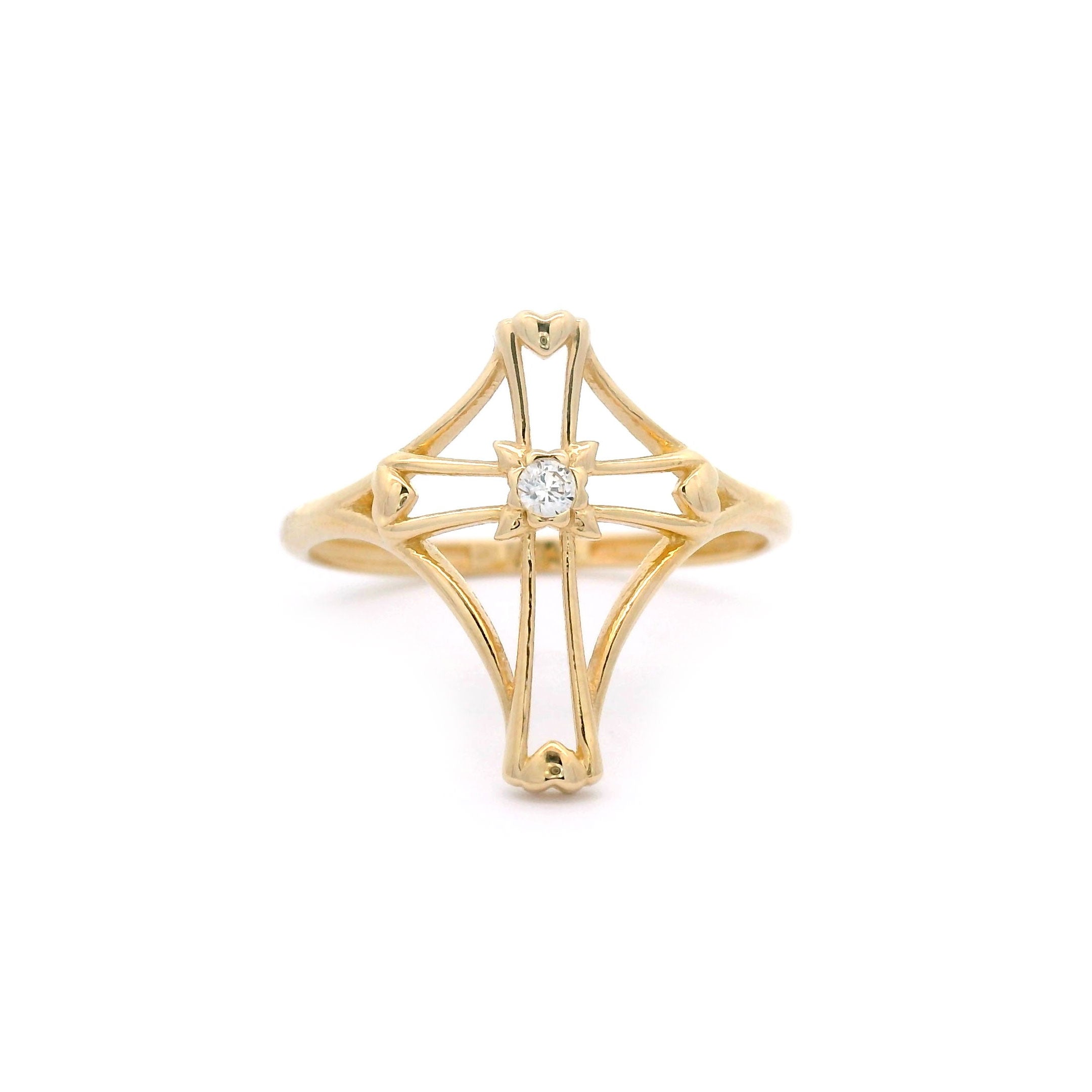 Cross Outline & Heart Ring in Solid 14kt Yellow Gold