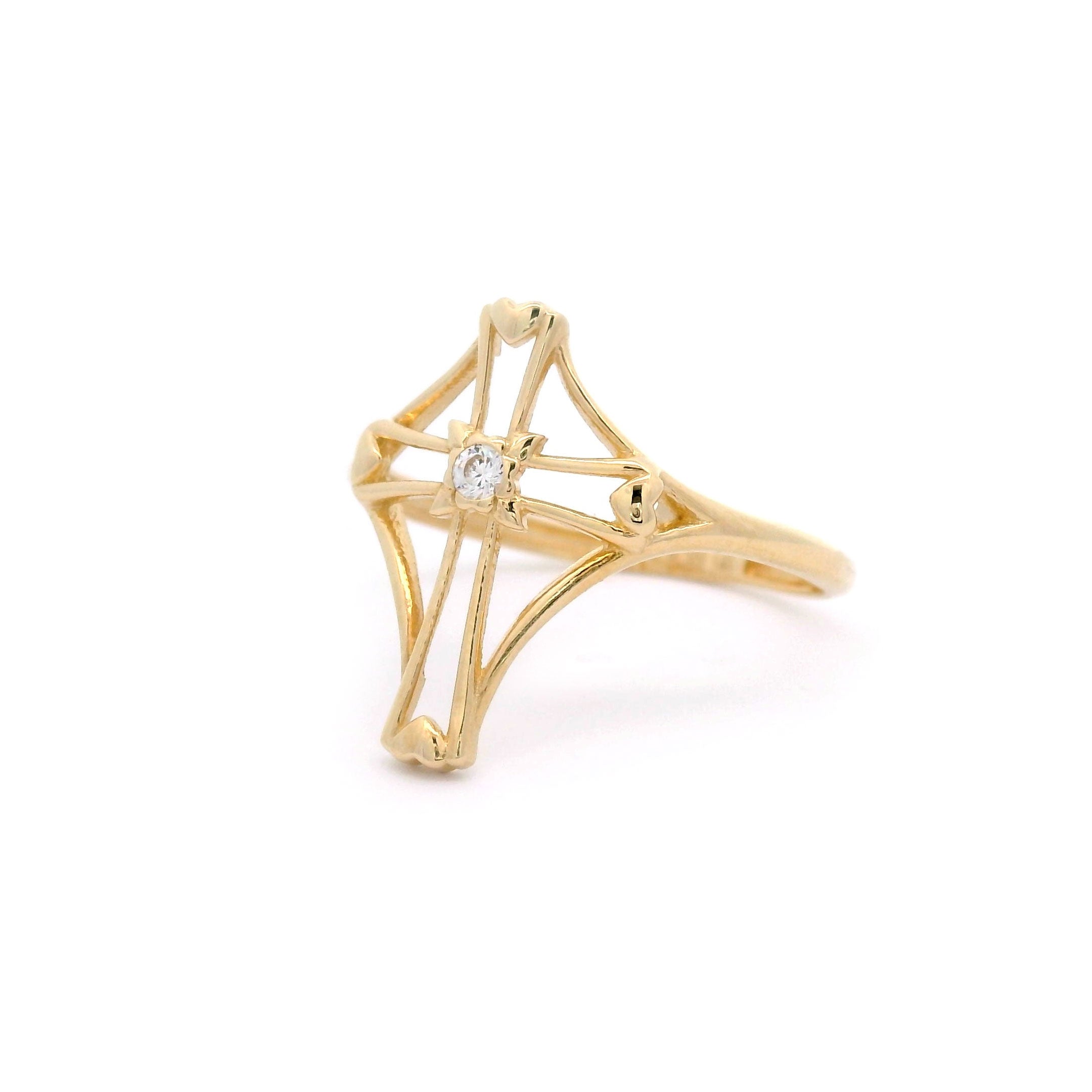 Cross Outline & Heart Ring in Solid 14kt Yellow Gold Side