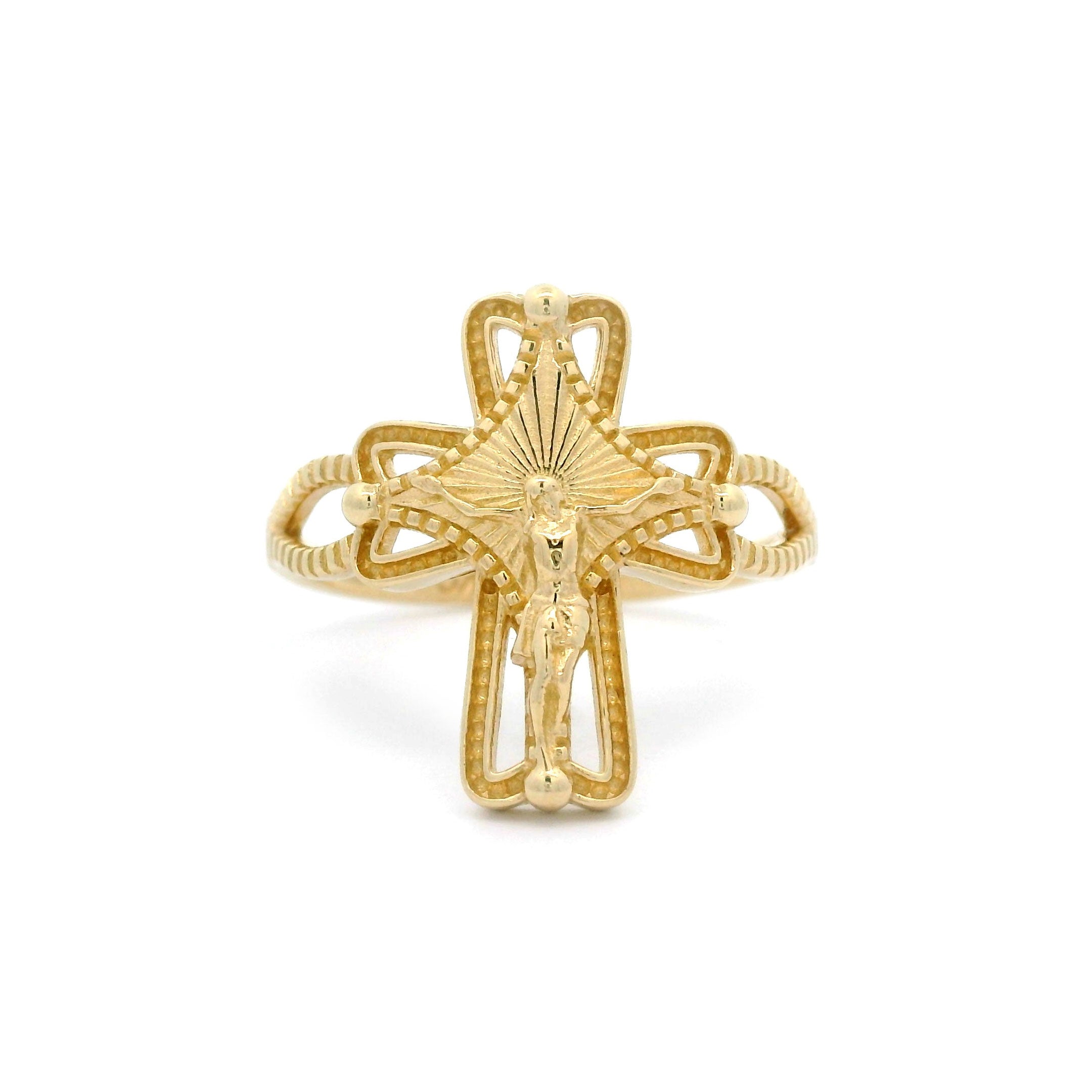 Crucifix Cross Ring in Solid 14kt Yellow Gold