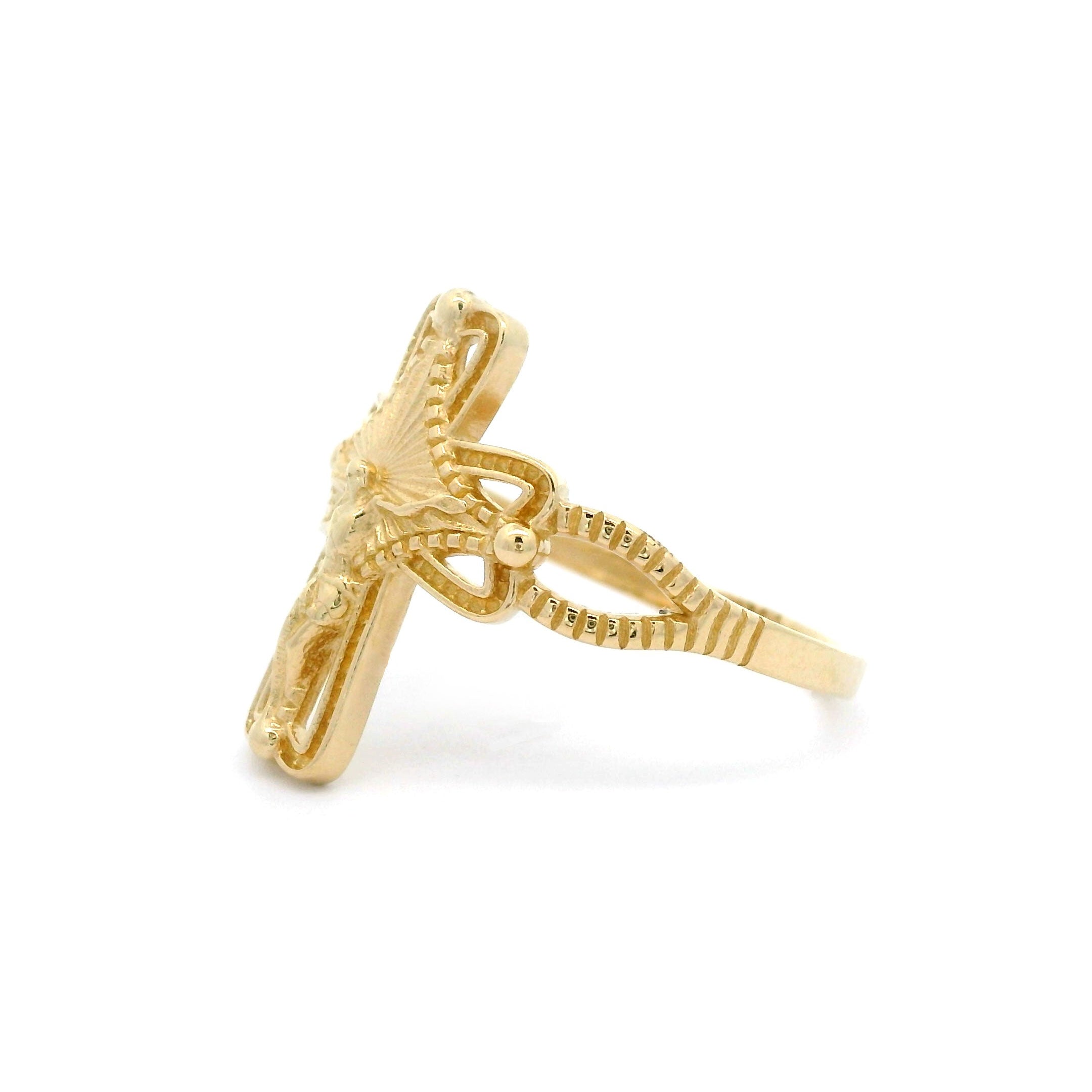 Crucifix Cross Ring in Solid 14kt Yellow Gold Side
