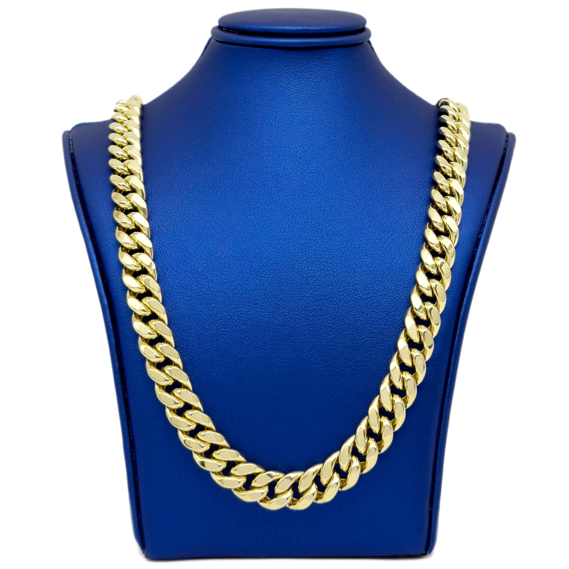 10k Yellow Gold Semi-Solid Cuban Link Chain 9.5mm on a Blue Neck Display