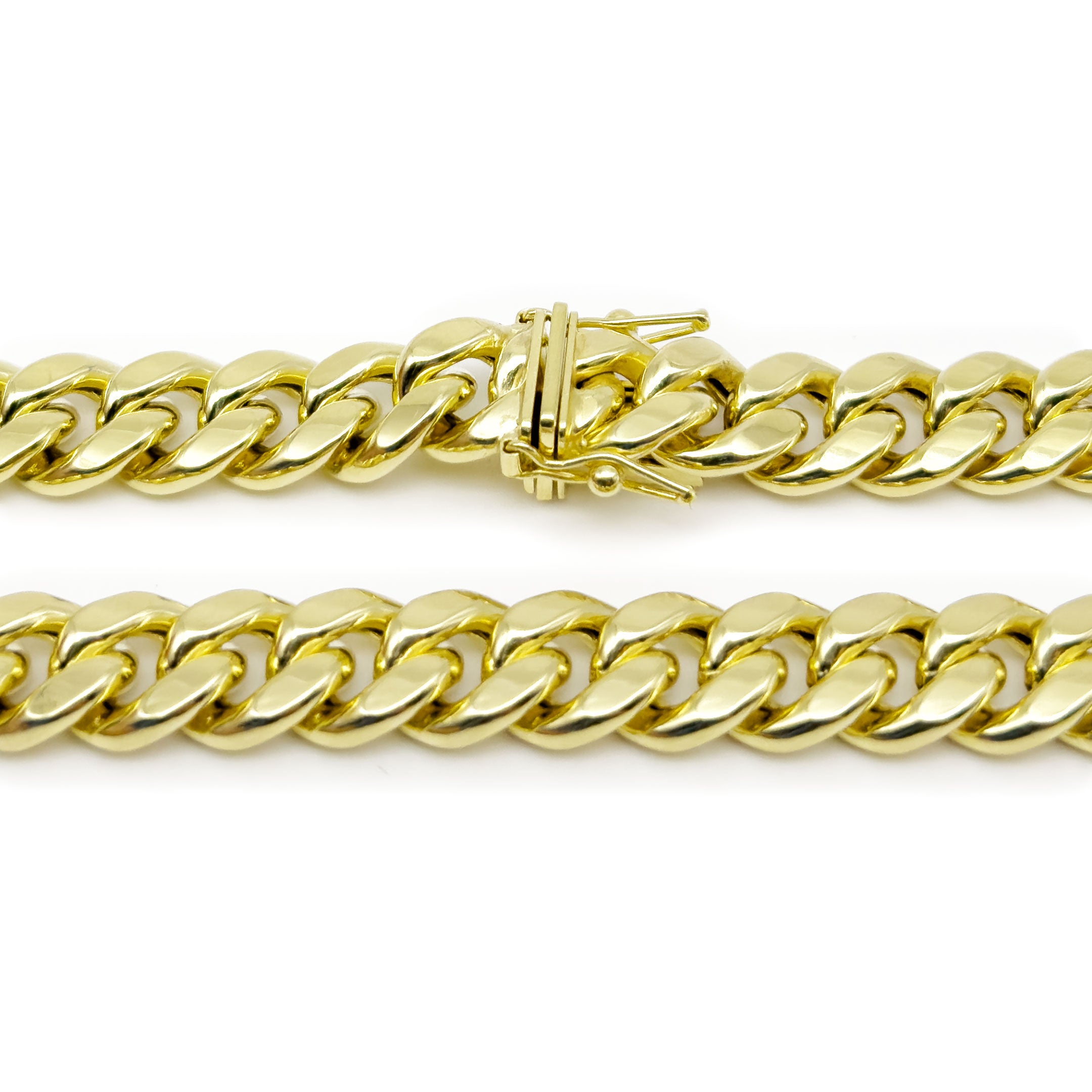 Close up of lock for 10k Yellow Gold Semi-Solid Cuban Link Chain 9.5mm on a white background