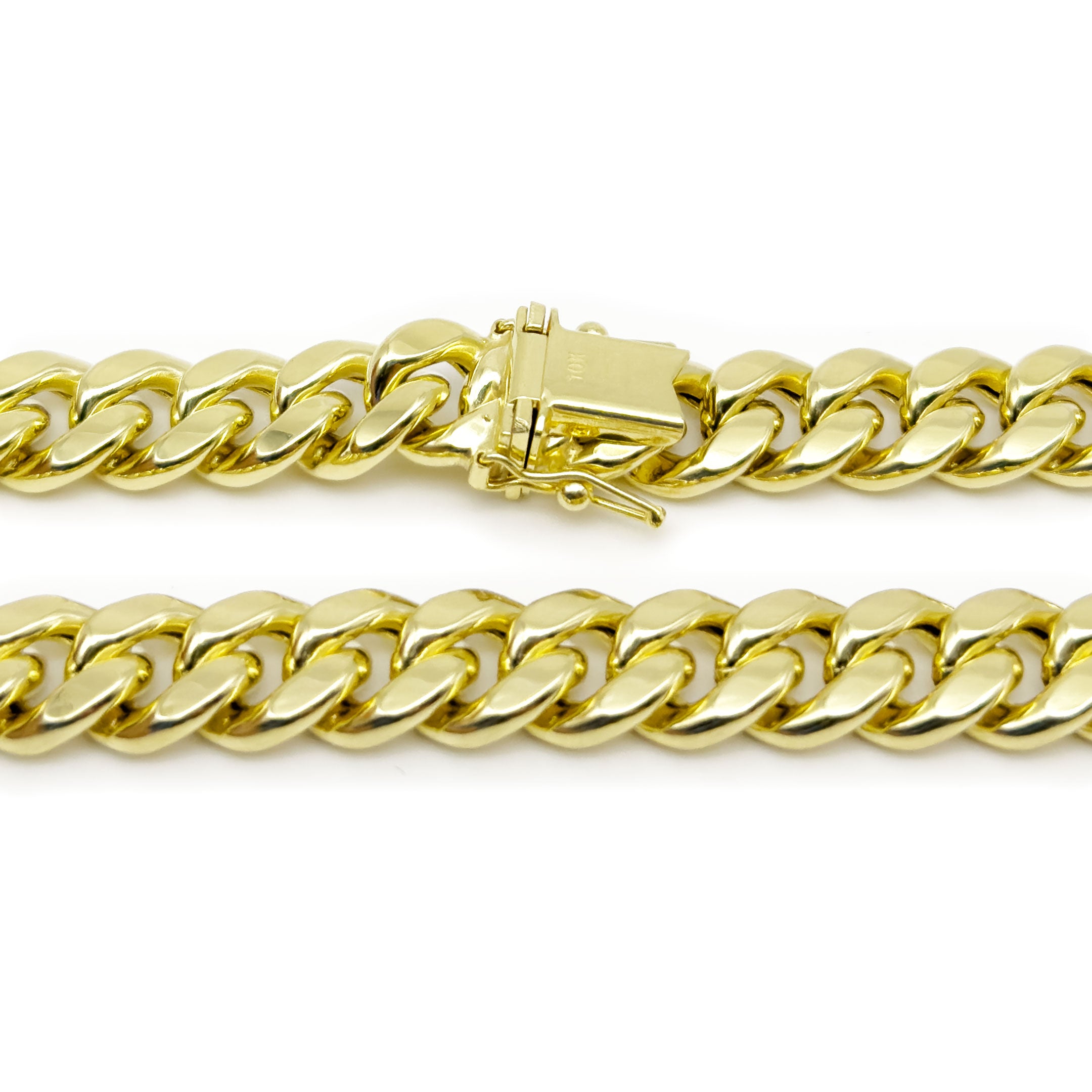 Close up of back of lock for 10k Yellow Gold Semi-Solid Cuban Link Chain 9.5mm on a white background