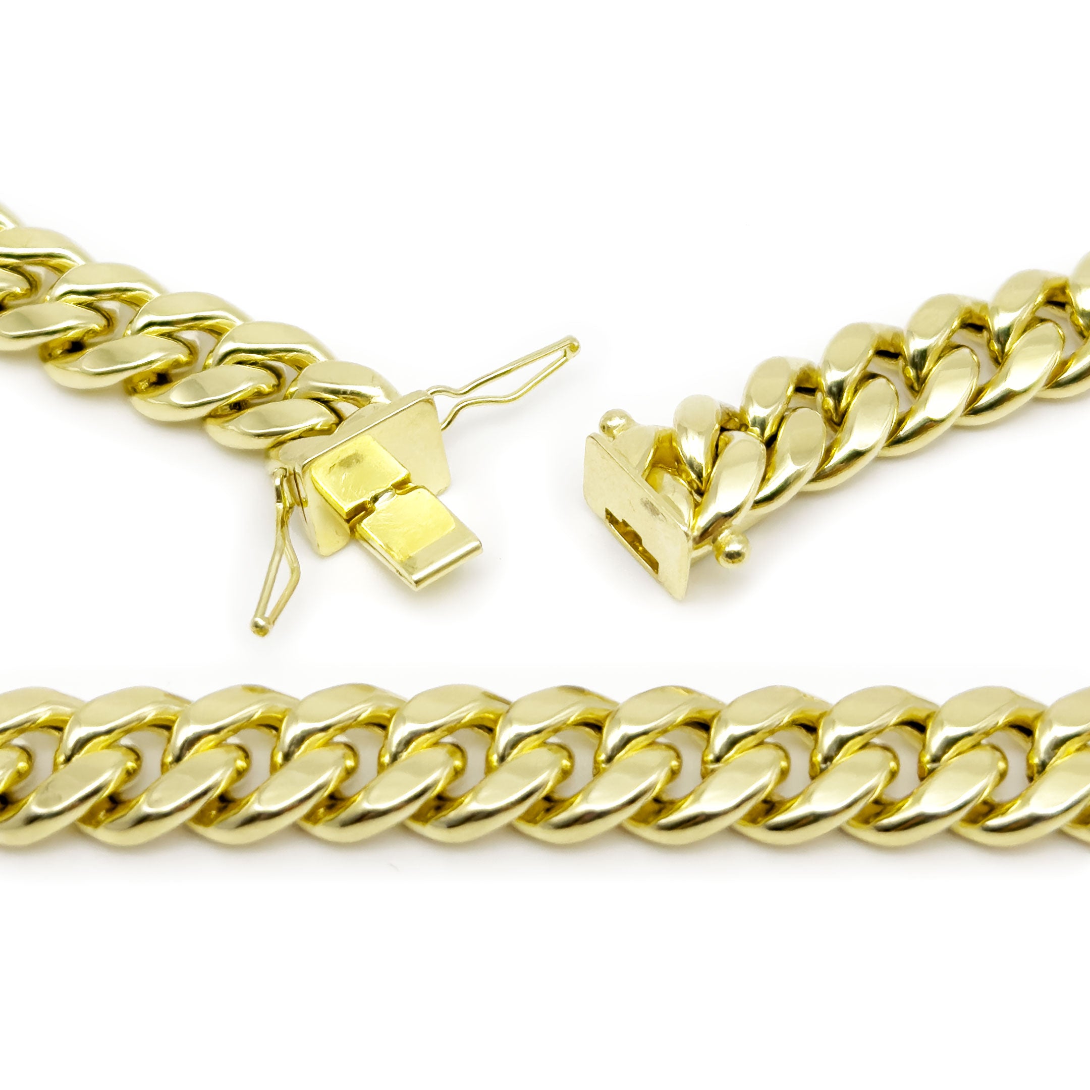 Close up of opened lock for 10k Yellow Gold Semi-Solid Cuban Link Chain 9.5mm on a white background