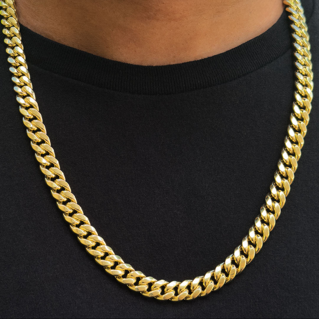 10k Yellow Gold Semi-Solid Cuban Link Chain 9.5mm on a person