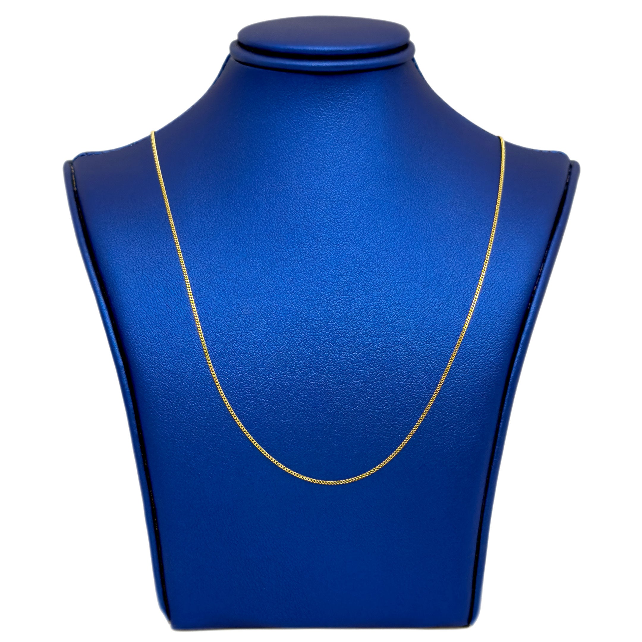 10k gold thin Cuban Chain on blue neck display