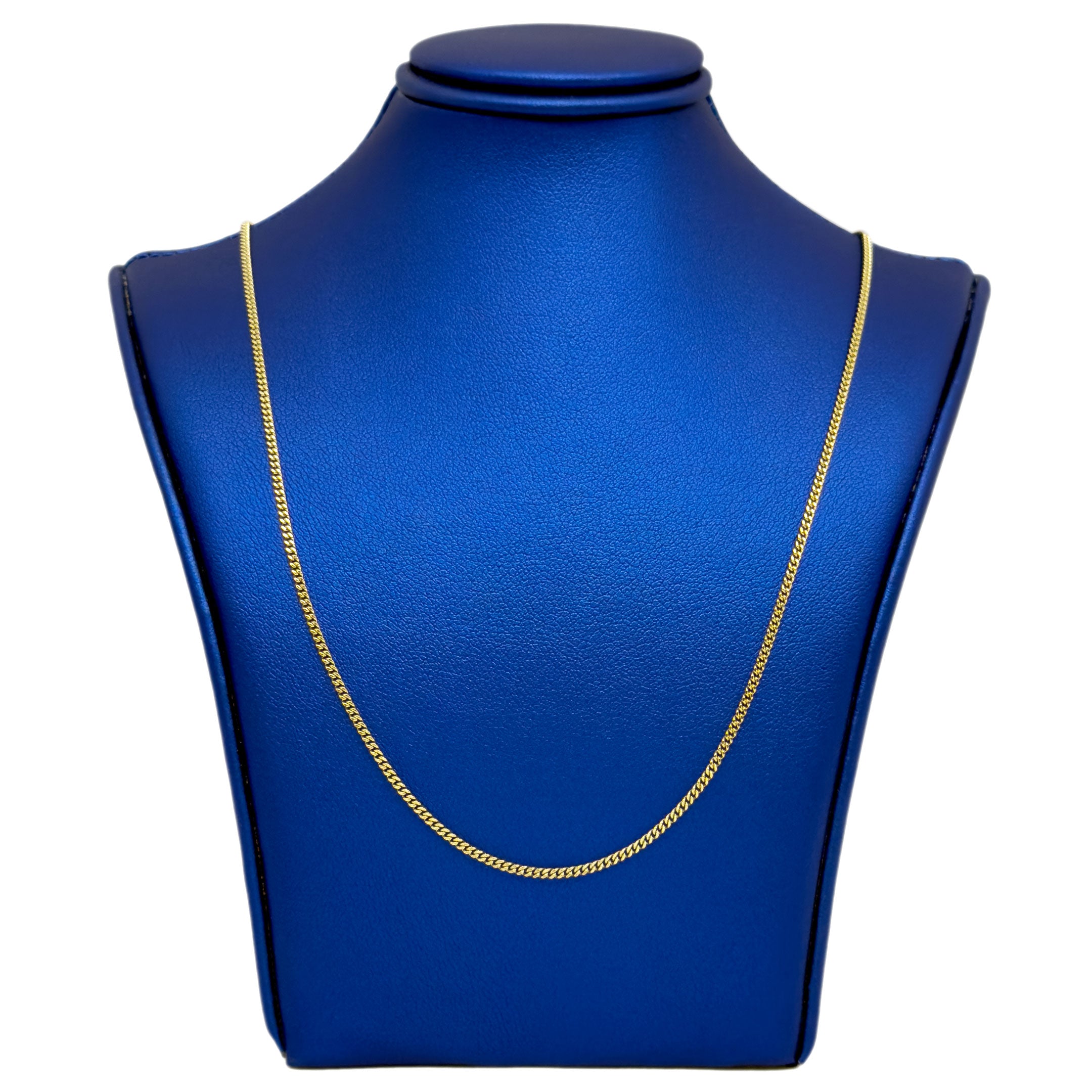 14k Yellow Gold Solid Cuban Fine Chain 1.5mm on blue neck display