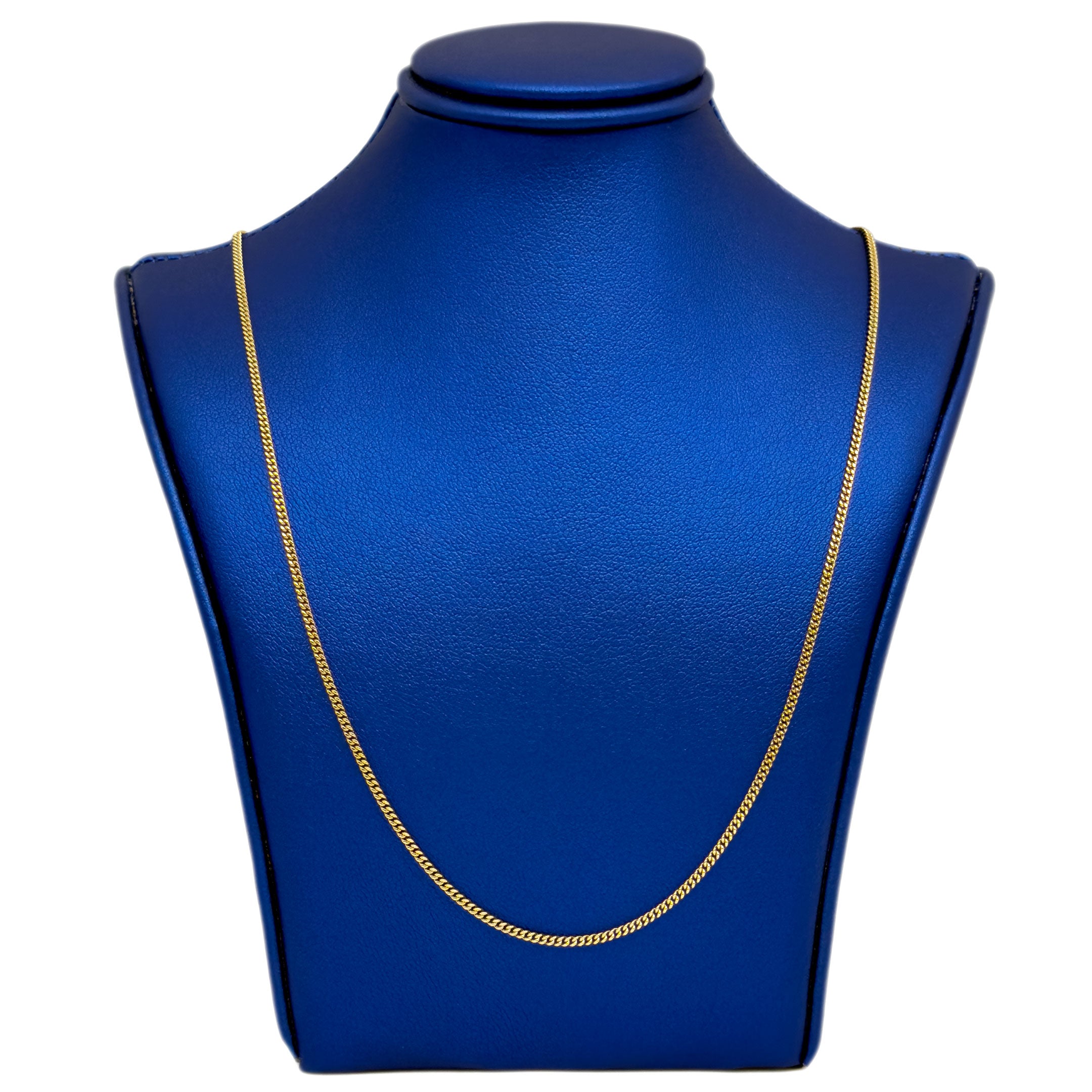 14k solid gold cuban chain necklace 1.5mm on a white background spring ring lock on a blue mannequin