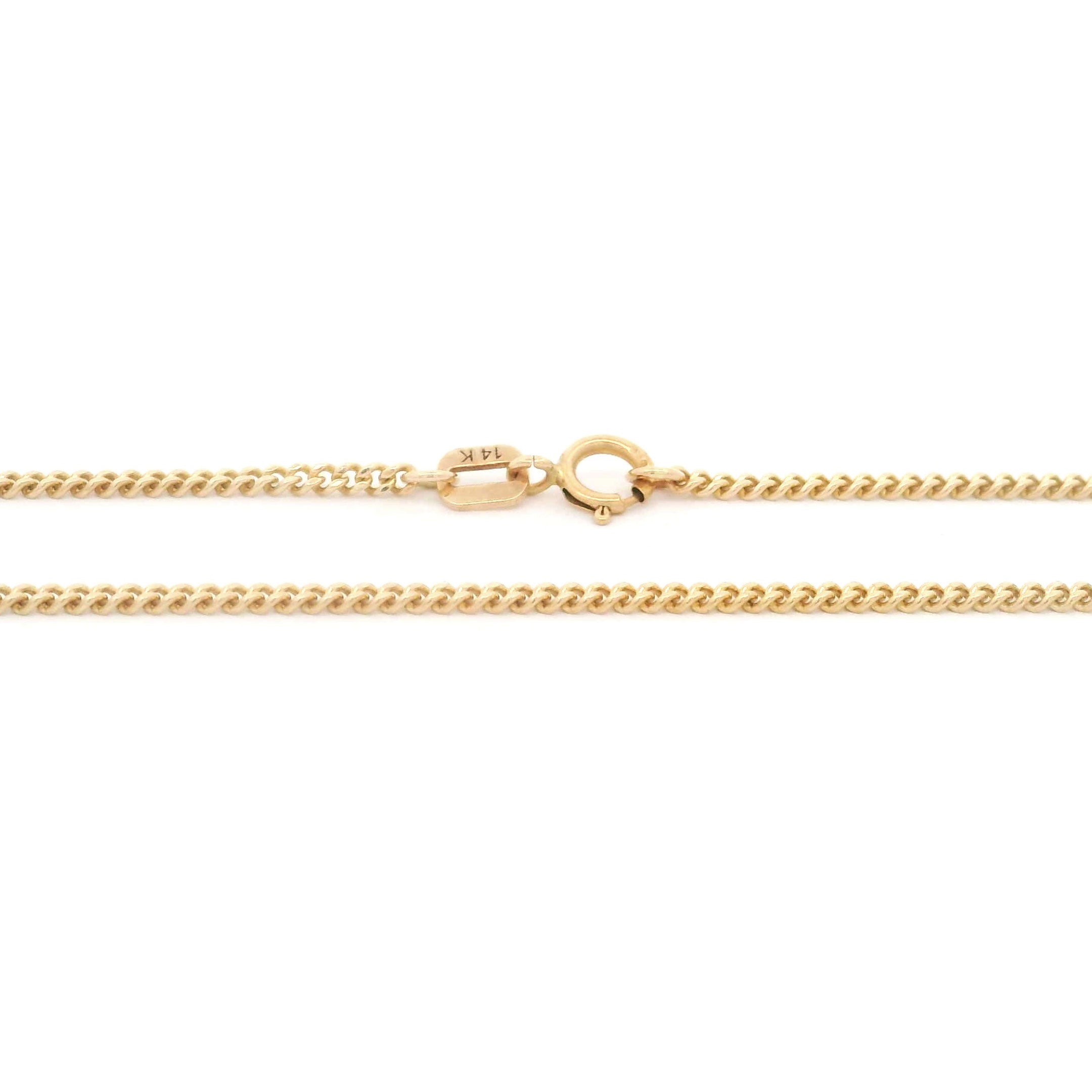 14k solid gold cuban chain necklace 1.5mm on a white background spring ring lock