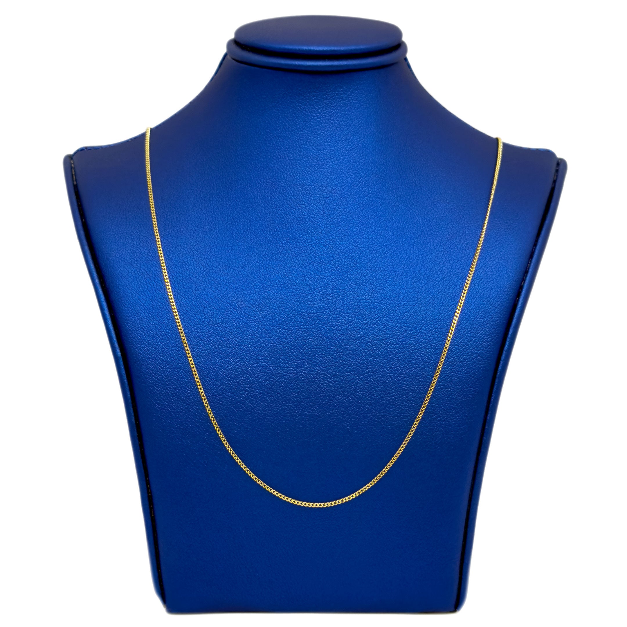 10k yellow gold solid cuban fine chain 1mm on blue neck display