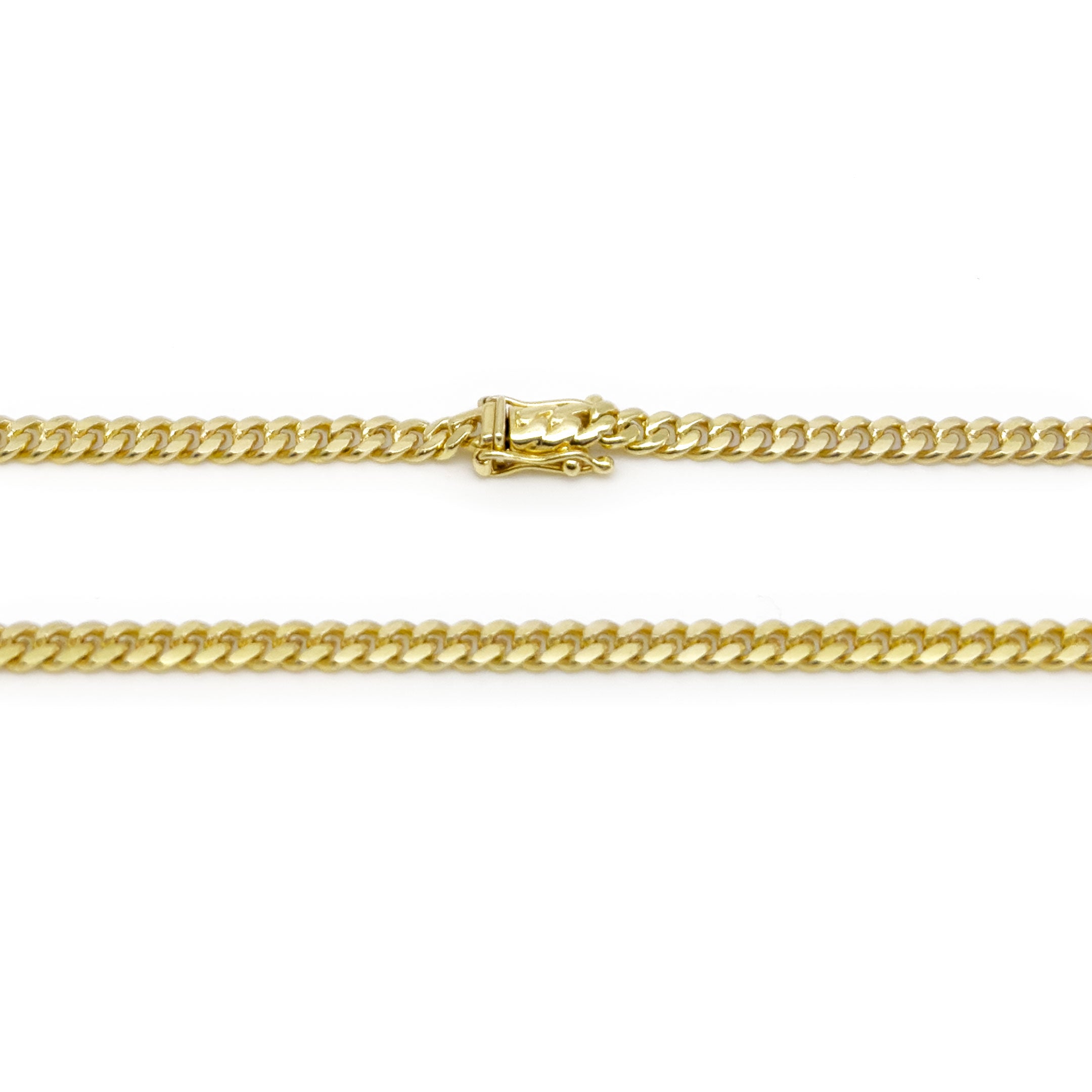 10k Yellow Gold Solid Cuban Chain 3mm on a white background close up of box lock