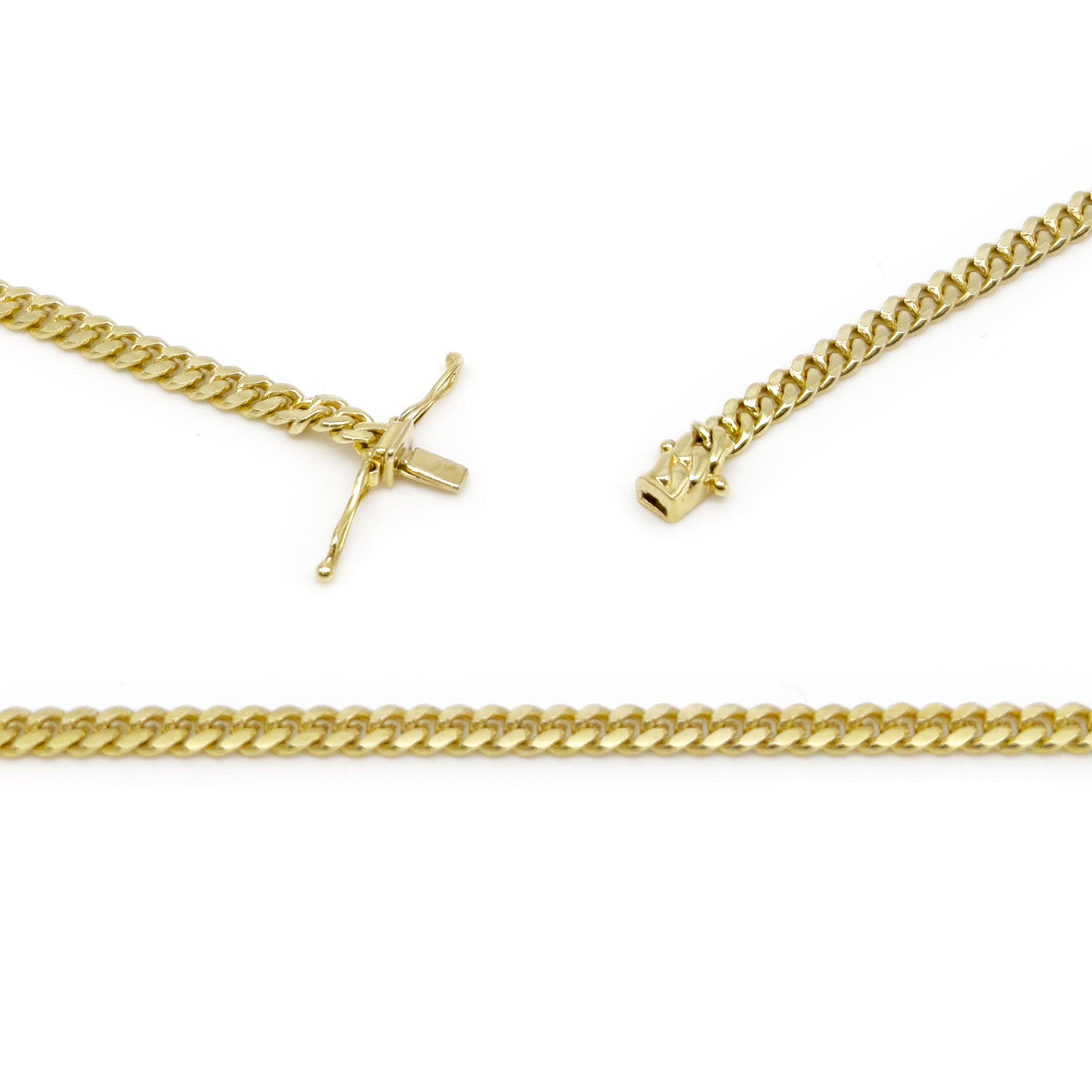 10k Yellow Gold Solid Cuban Chain 3mm on a white background close up of opened box lock