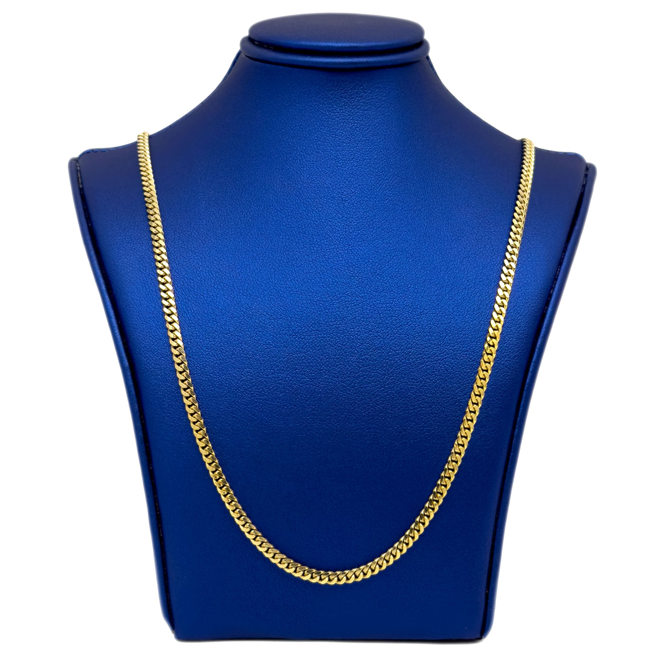 10k Yellow Gold Solid Cuban Chain 3mm on a blue mannequin neck displauy