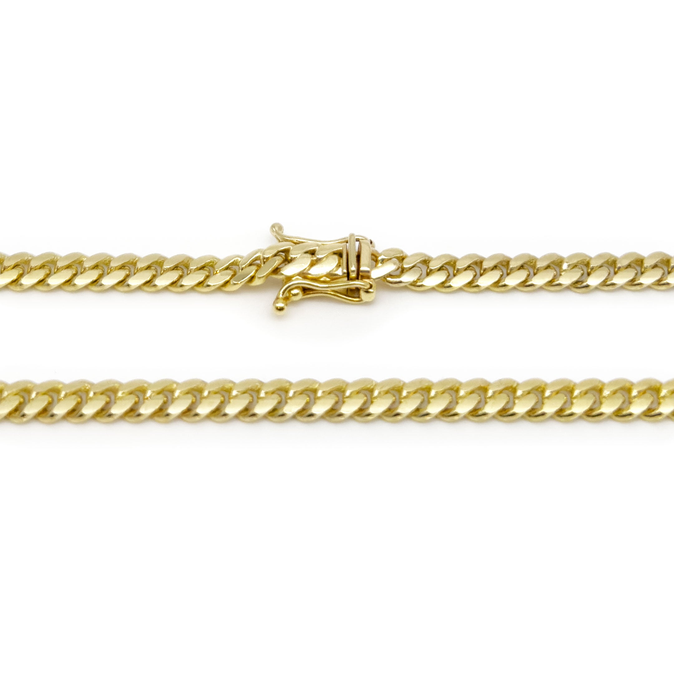 10k Yellow Gold Solid Cuban Chain 4.25mm on a white background close up of box lock
