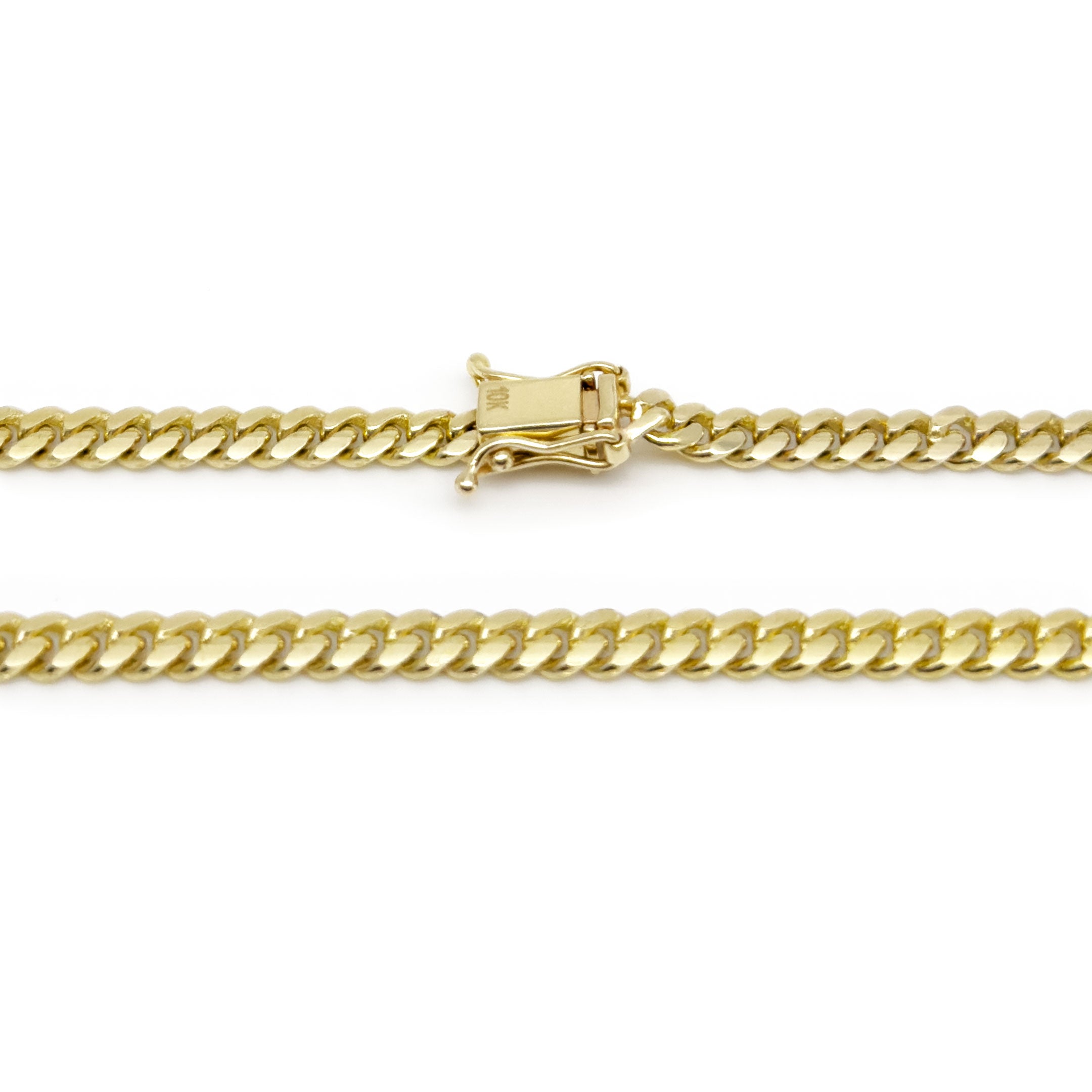 10k Yellow Gold Solid Cuban Chain 4.25mm on a white background close up of box lock back