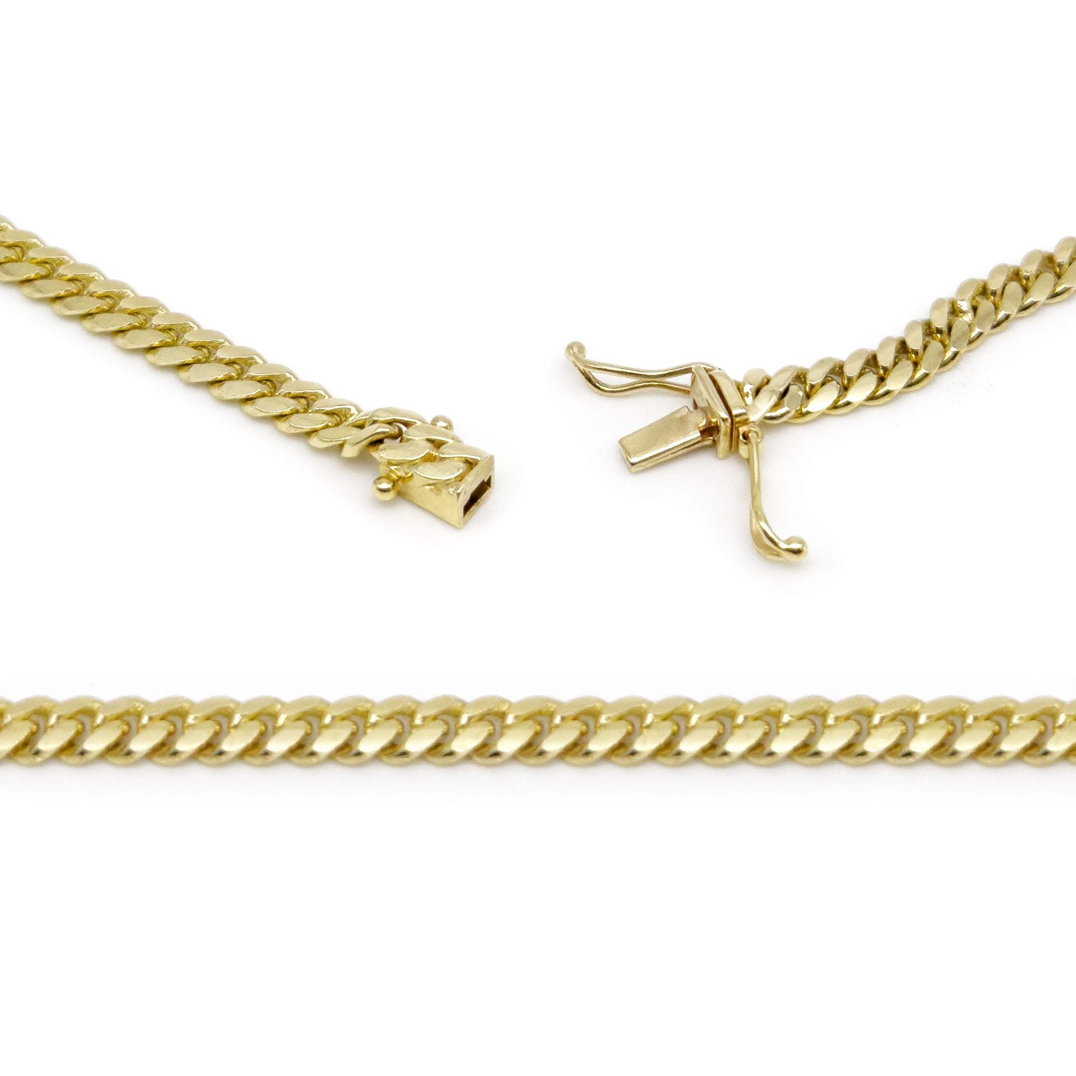 10k Yellow Gold Solid Cuban Chain 4.25mm on a white background close up of box lock opened