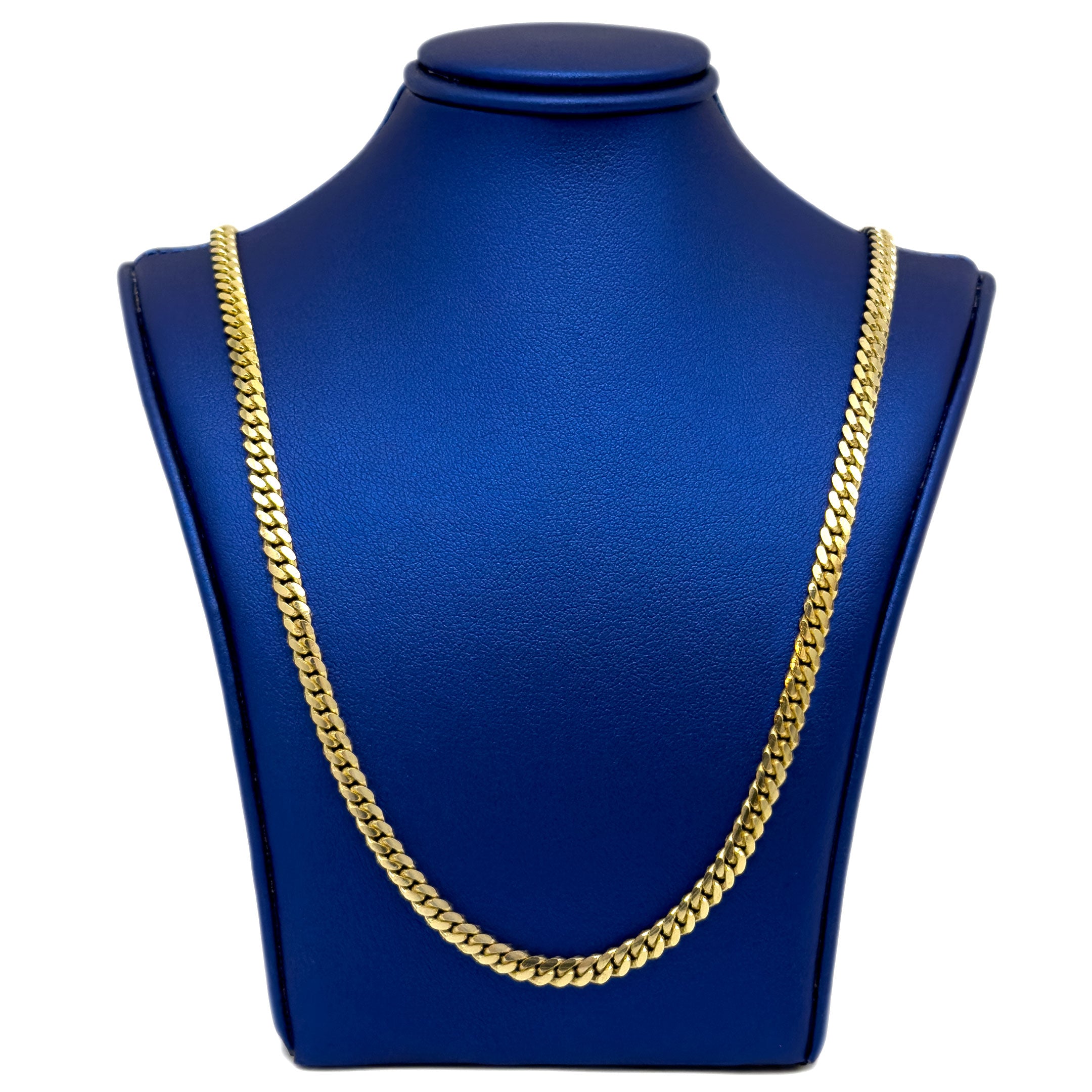 10k Yellow Gold Solid Cuban Chain 4.25mm on a blue mannequin neck display