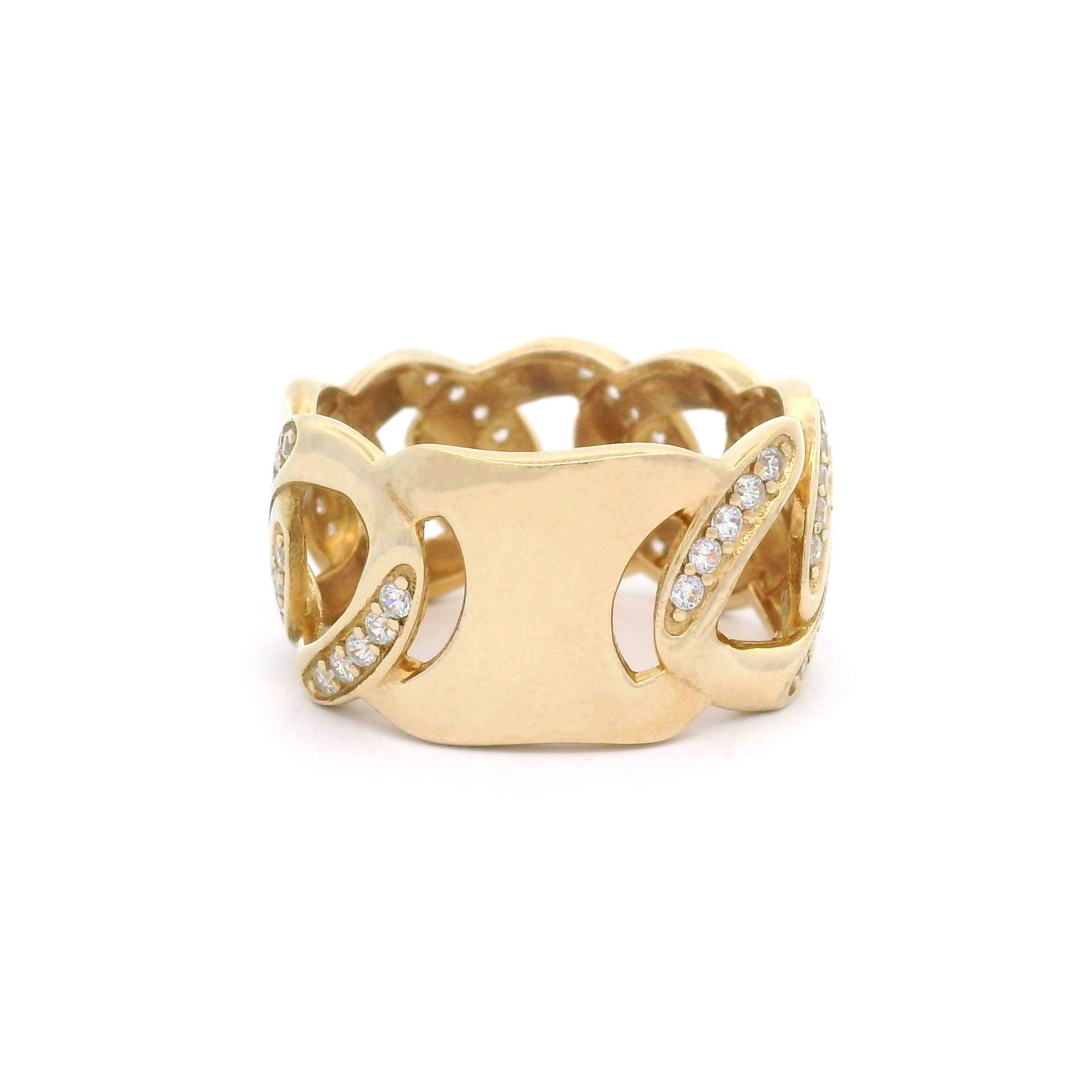 13mm cuban link ring in 10k yellow gold on a white background back