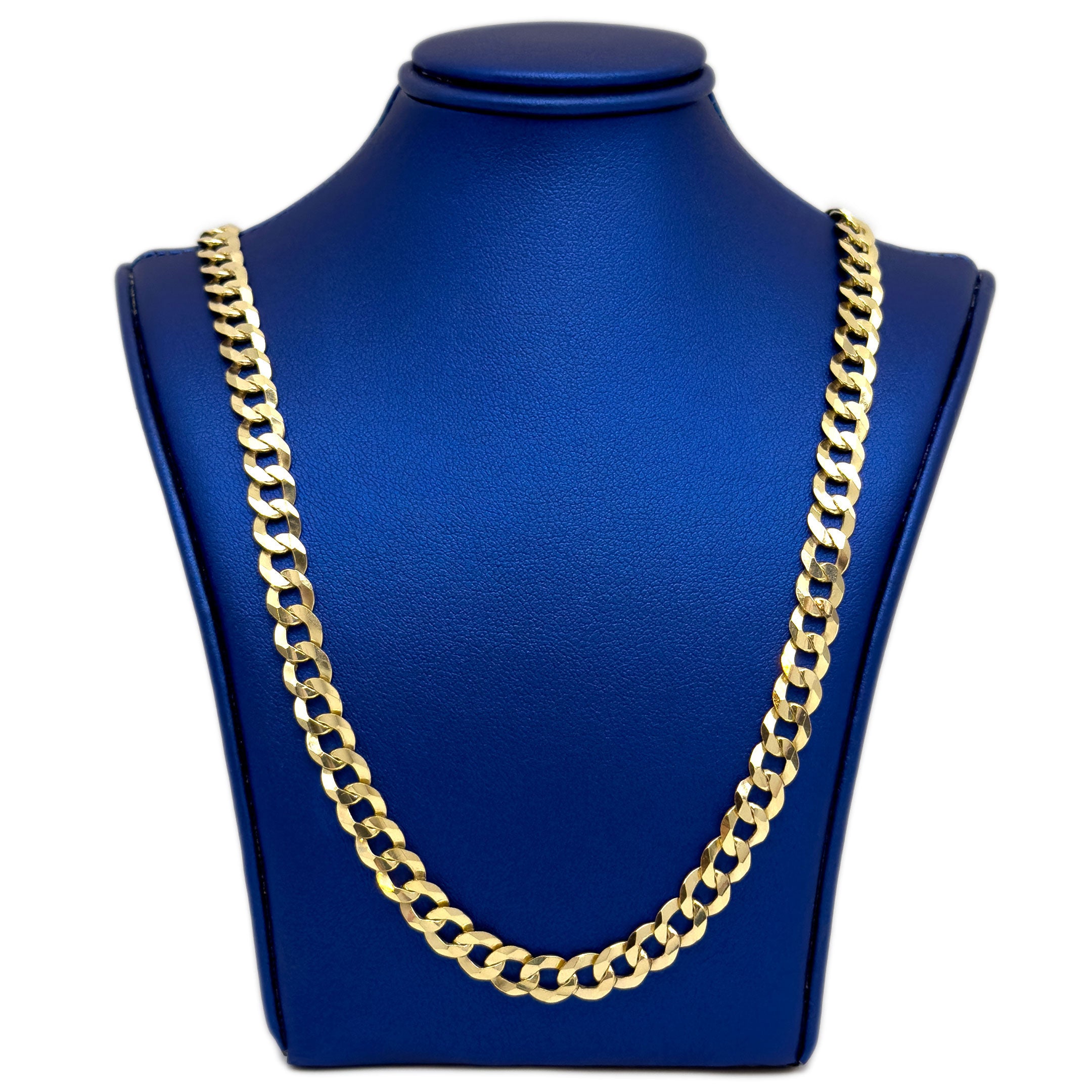 10k Yellow Gold Curb Cuban Chain 6.75mm - Solid on a blue mannequin necklace display