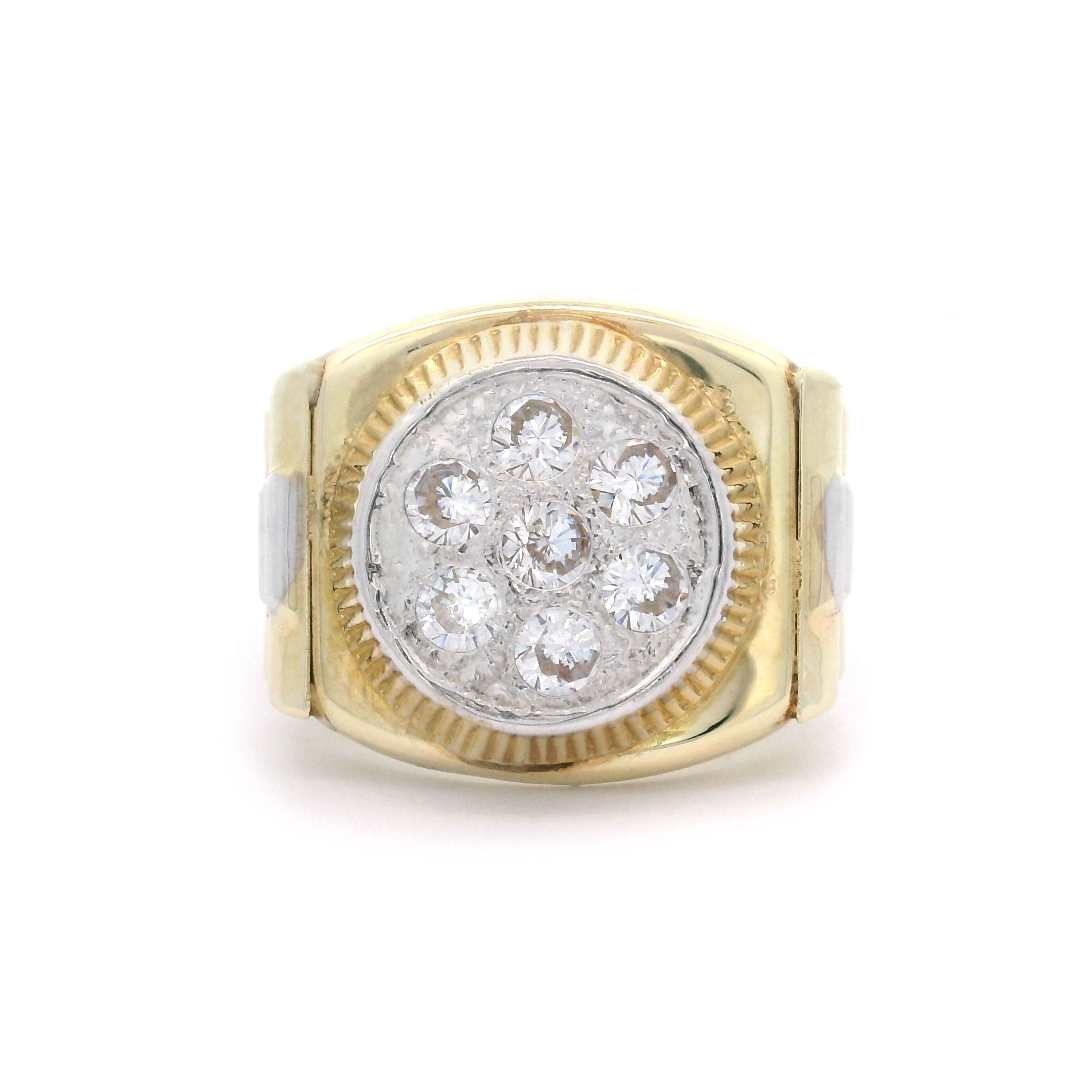 10k yellow gold ring with diamond-studded center on a white background
