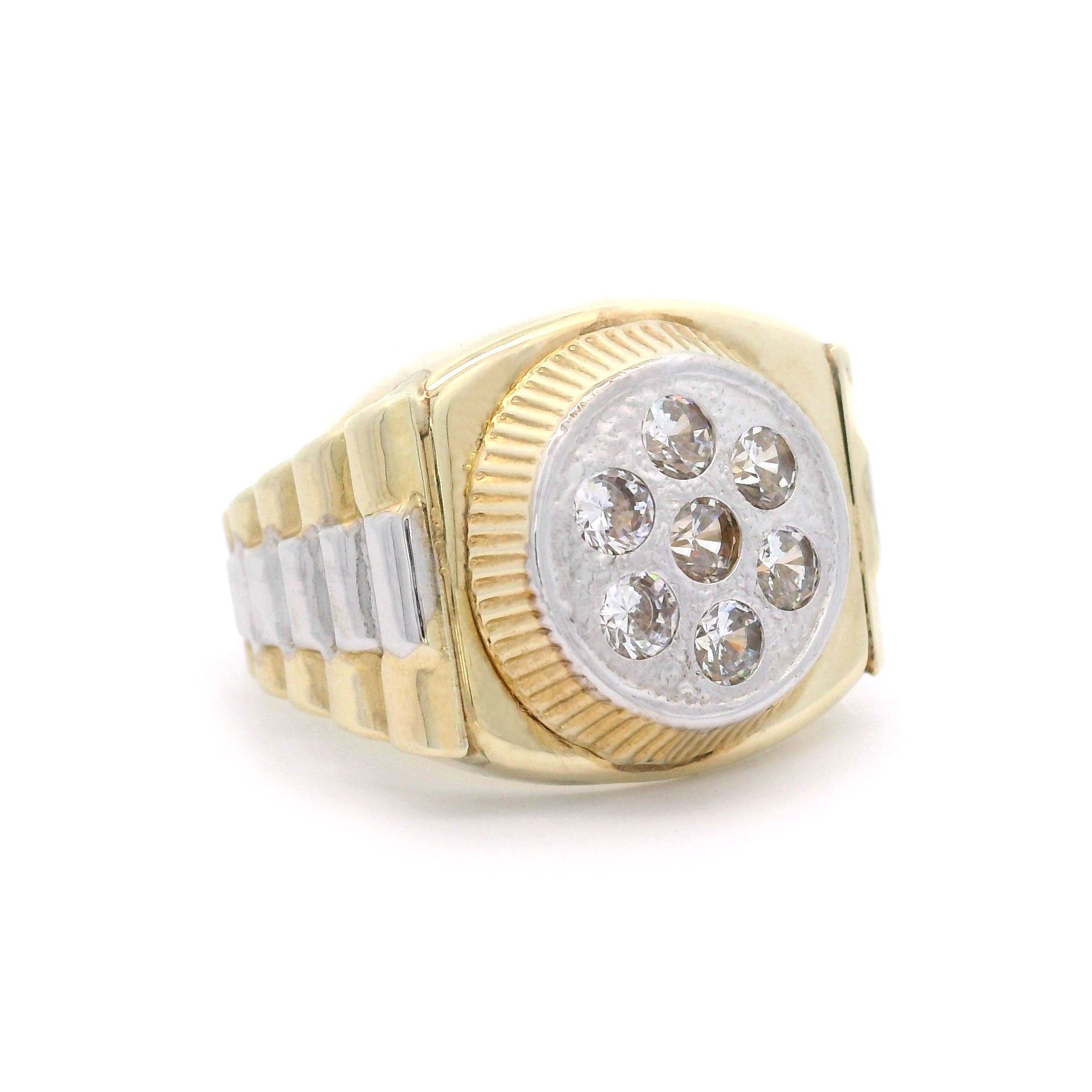 10k yellow gold ring with diamond-studded center on a white background side