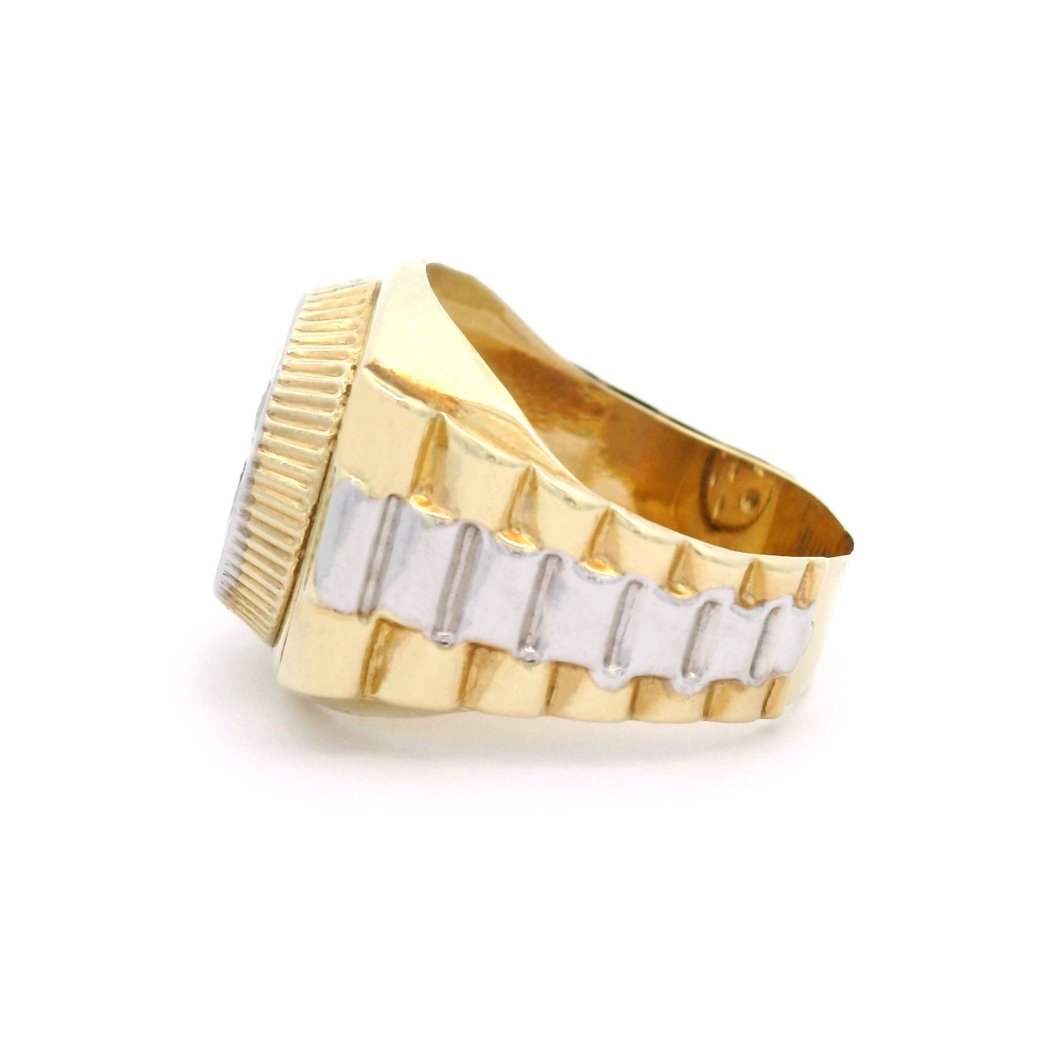 10k yellow gold ring with diamond-studded center on a white background side