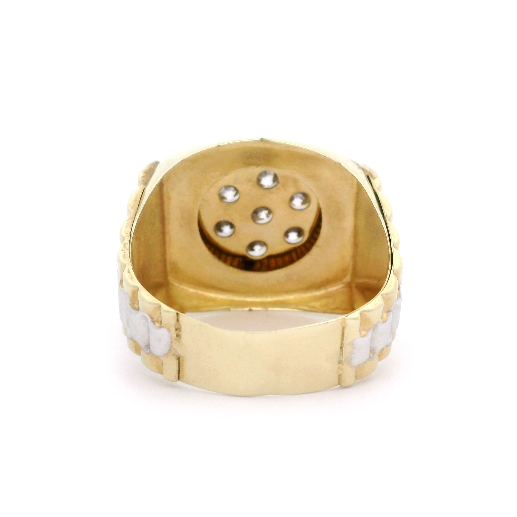 10k yellow gold ring with diamond-studded center on a white background back