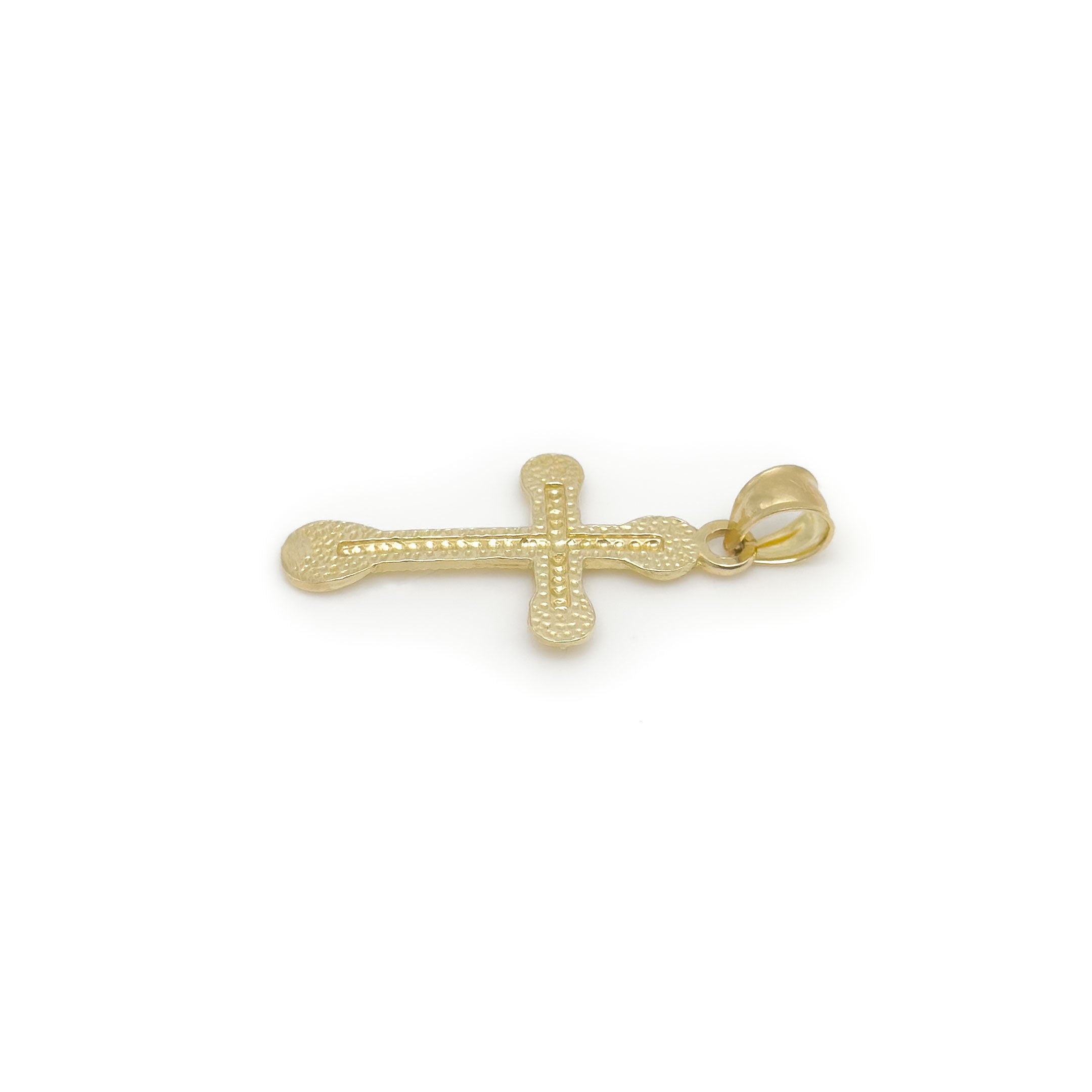 10k yellow gold diamond cut design cross pendant with round ends on white background back