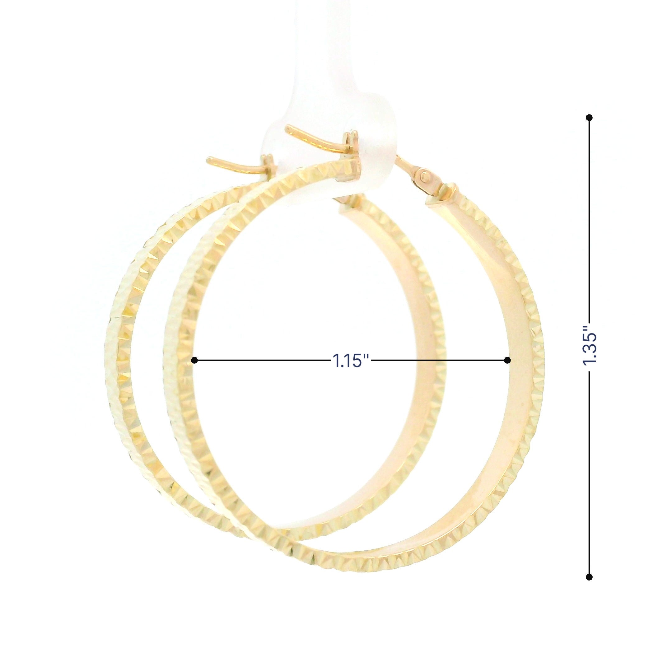 Gold diamond cut hoop earrings with measurements on a white background