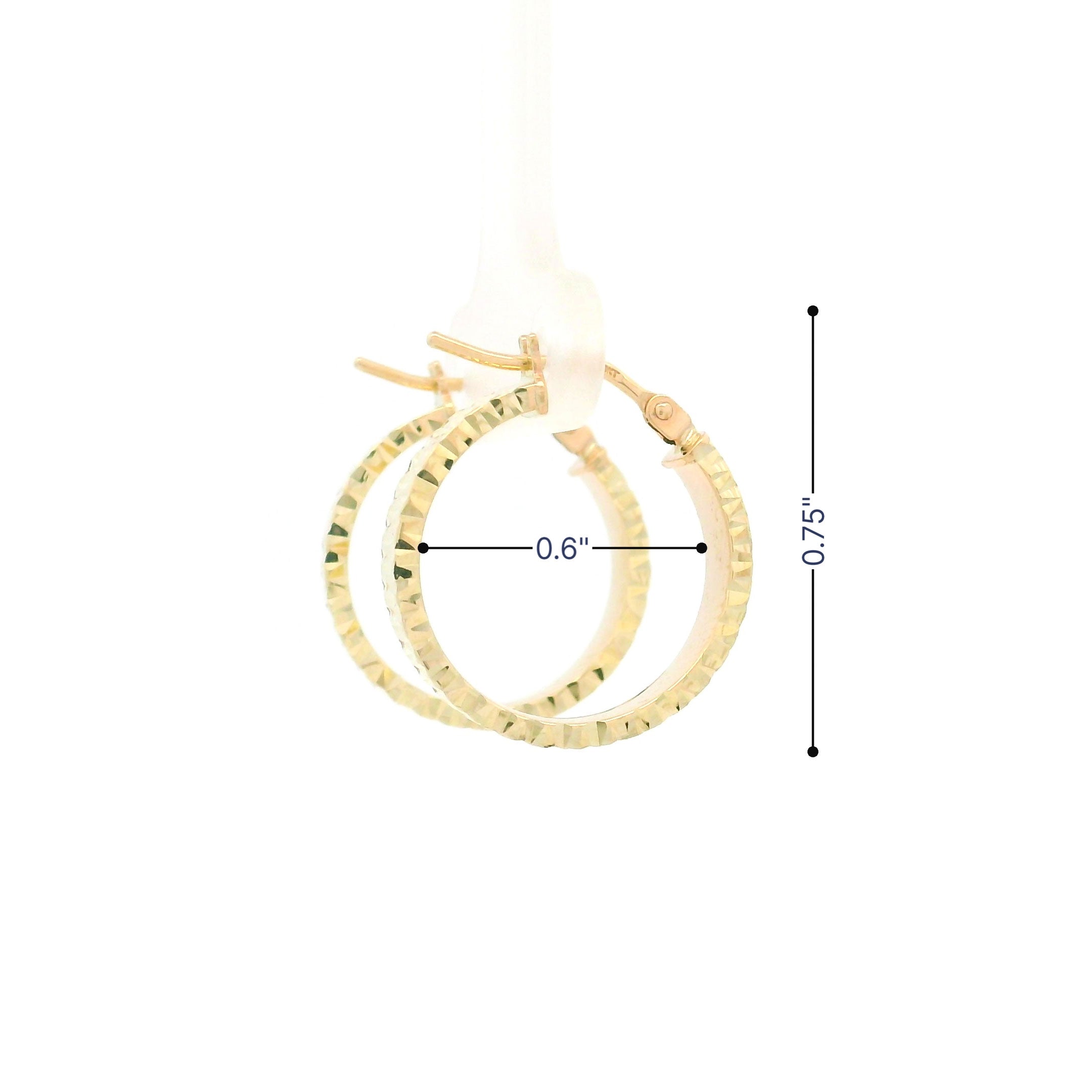 Gold diamond cut hoop earrings with measurements on a white background